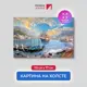 Картина на деревянном подрамнике Первое ателье "Лодки и корабль в море рядом с городом" 115x77 см