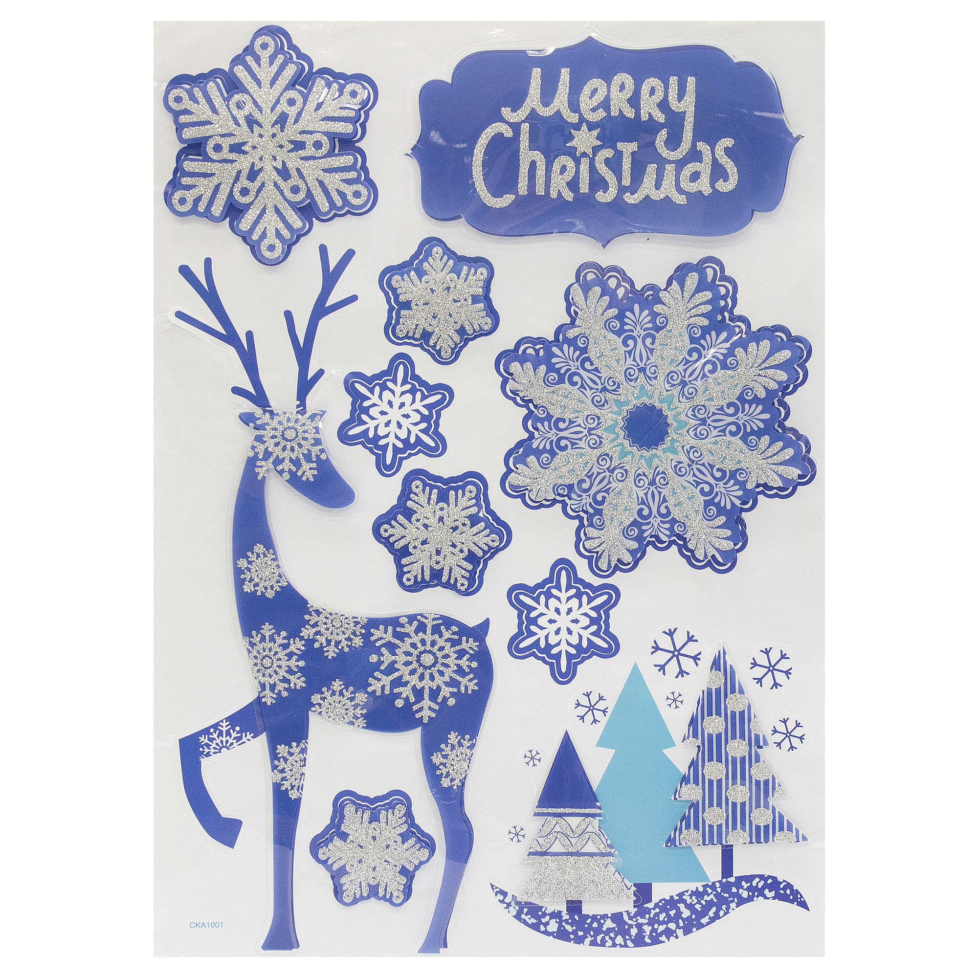 Изображение товара Наклейки 3D Олень и снежинки синие для новогоднего декора