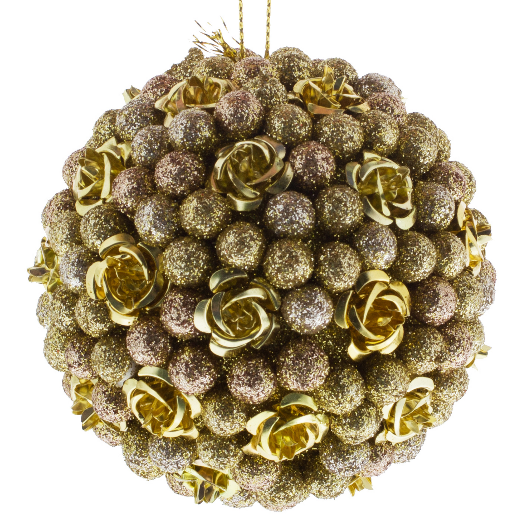 Изображение товара Ёлочный шар 8 см золотой и розовый с блестками и розочками
