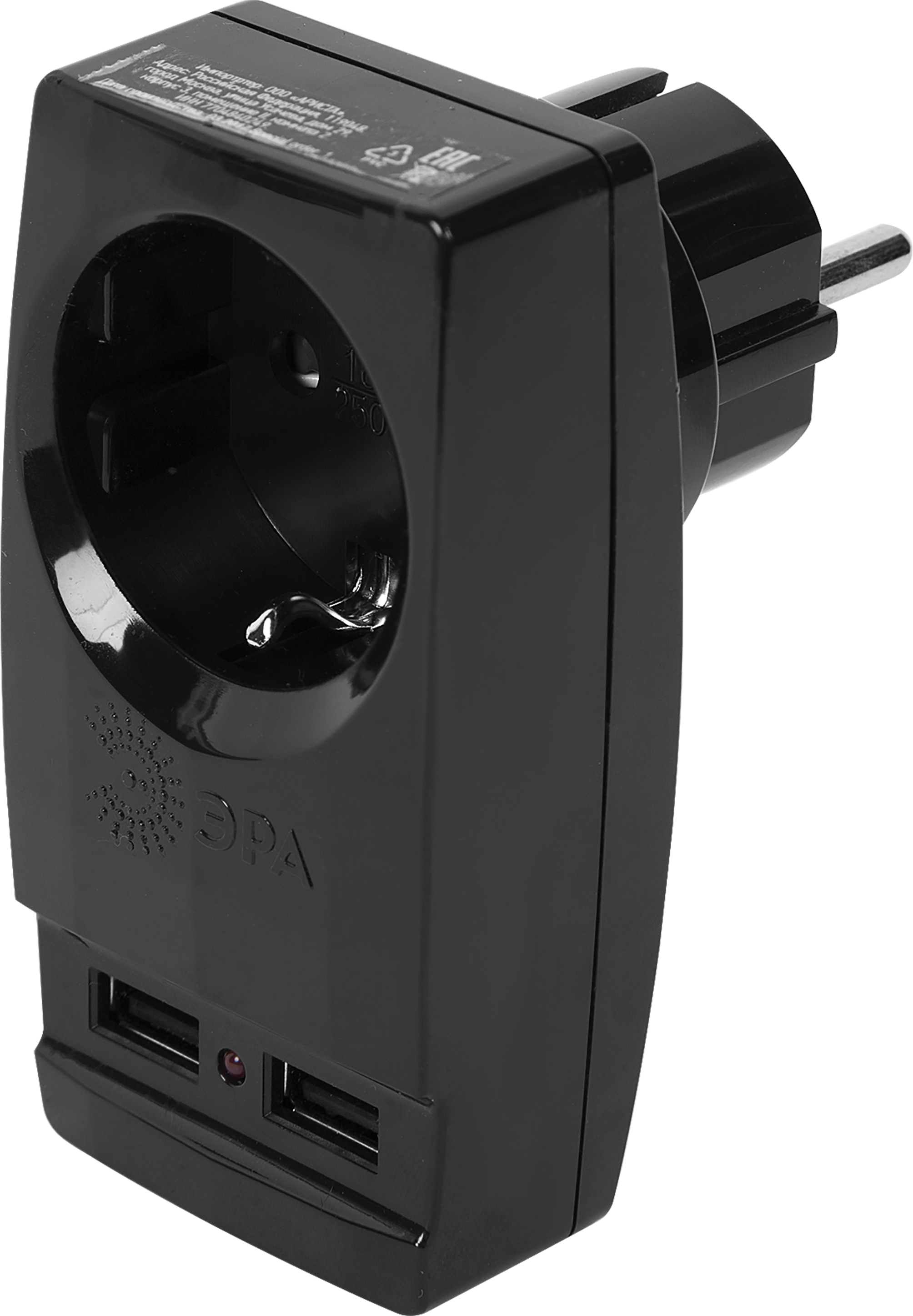 Разветвитель Эра SP-1e 1 розетка с заземлением 16 А 2 USB 2.1 А цвет черный