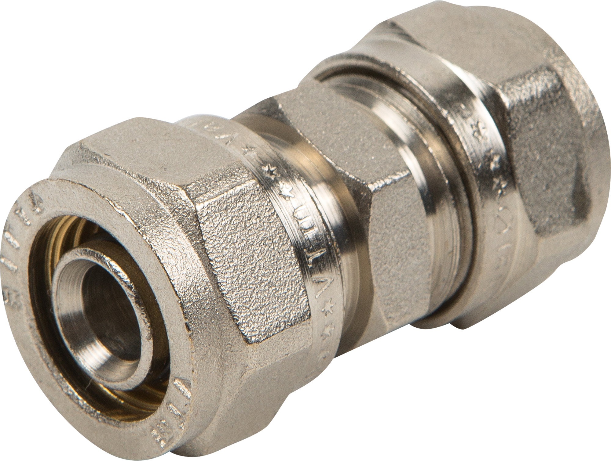 Изображение товара Муфта Valtec 16x16 мм латунь VTM.303 обжимной соединитель для водопровода