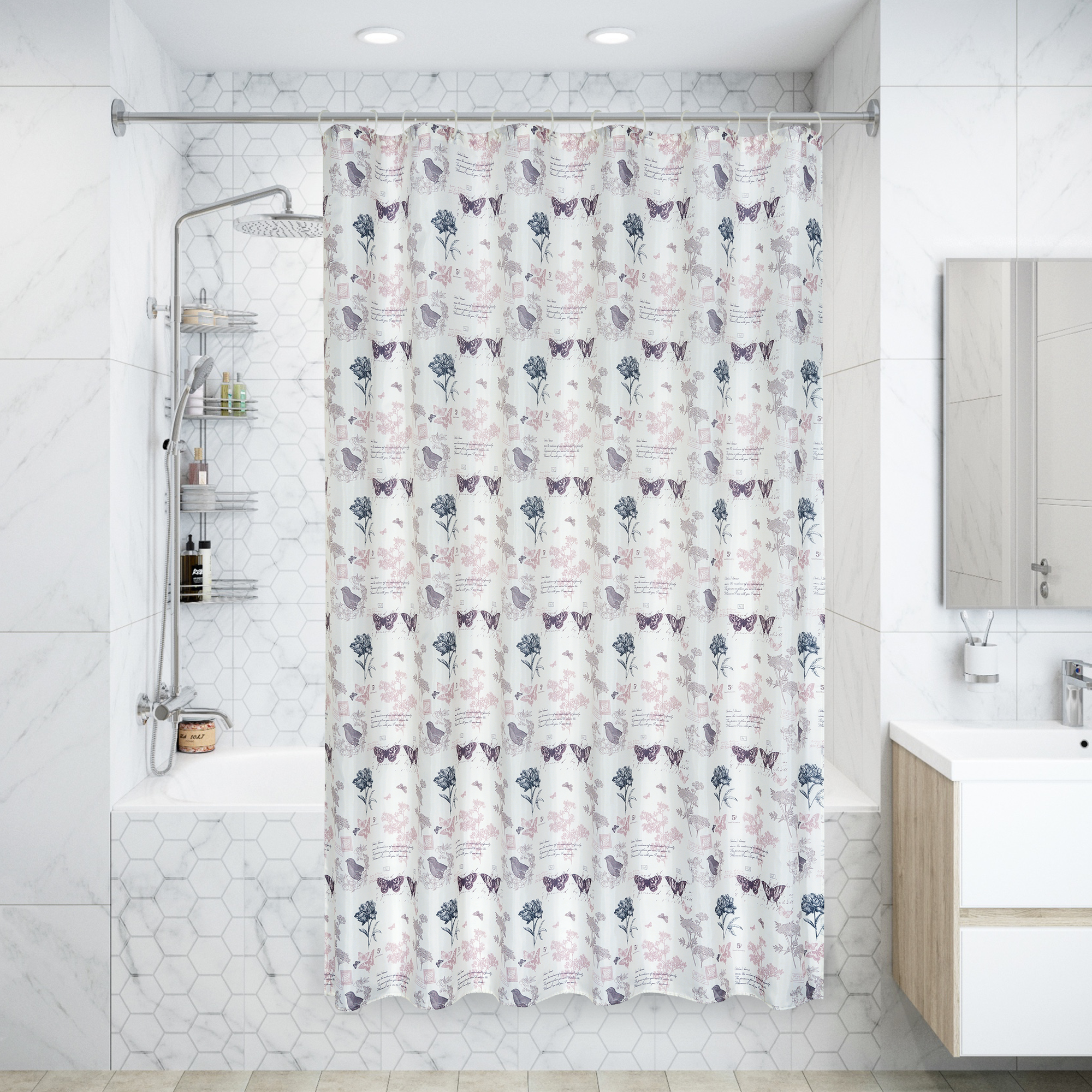 Изображение товара Штора для ванной Swensa Ode 180x200 см полиэстер водоотталкивающая белая/фиолетовая