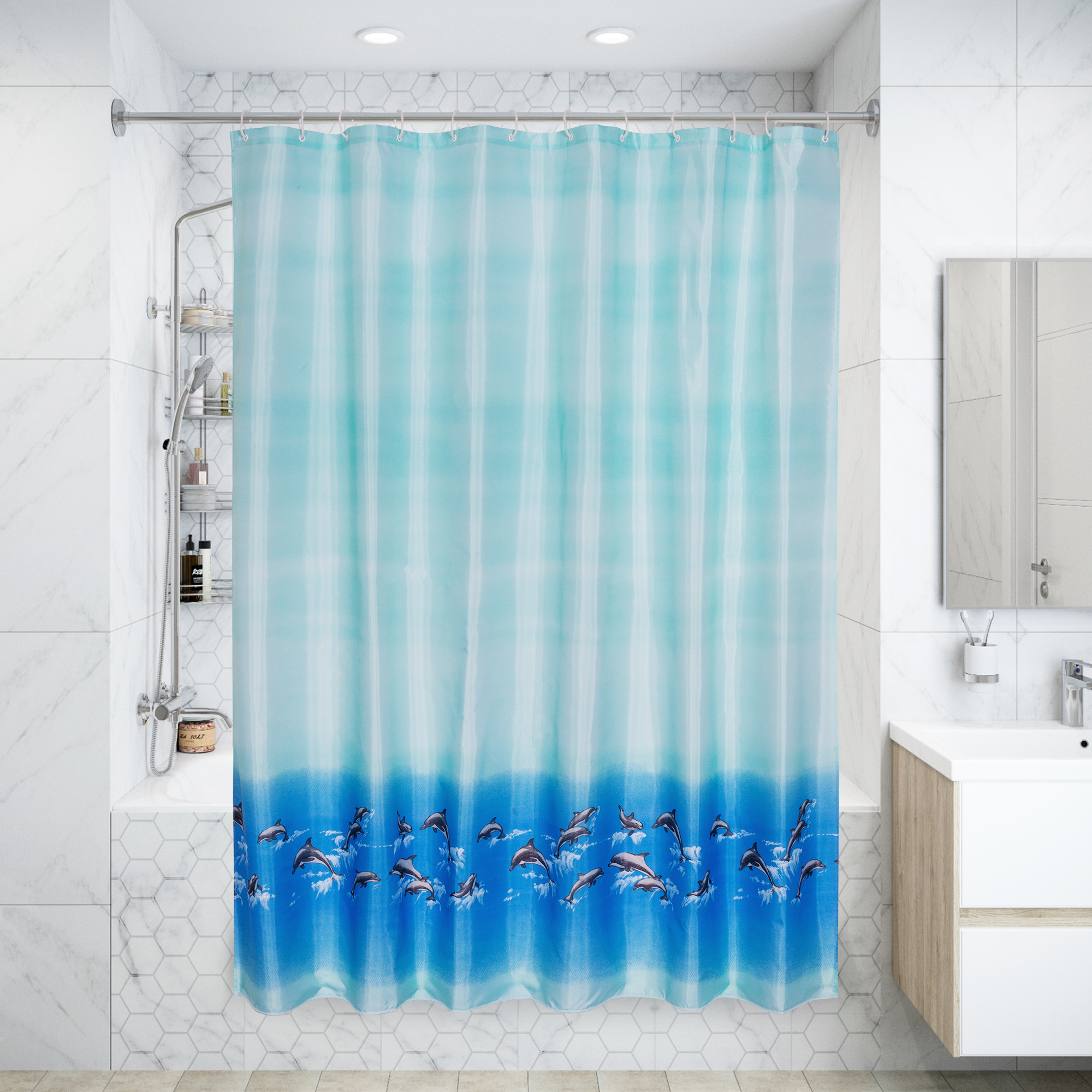 Изображение товара Штора для ванной комнаты «Bath Plus Dolphin Dance» 180x180 см цвет голубой