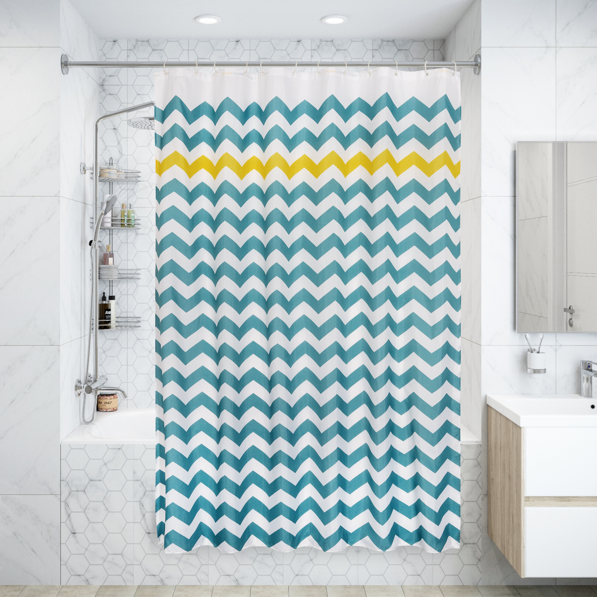 Изображение товара Штора для ванны Olbia SWC-90 с кольцами 180х200 см, полиэстер, цвет голубой/жёлтый