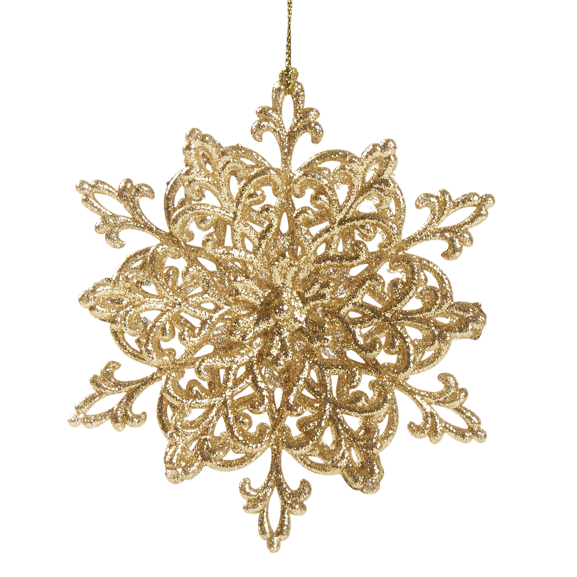 Изображение товара Новогодняя снежинка Классика из пластика, золотая, 12х4 см, внутри помещения