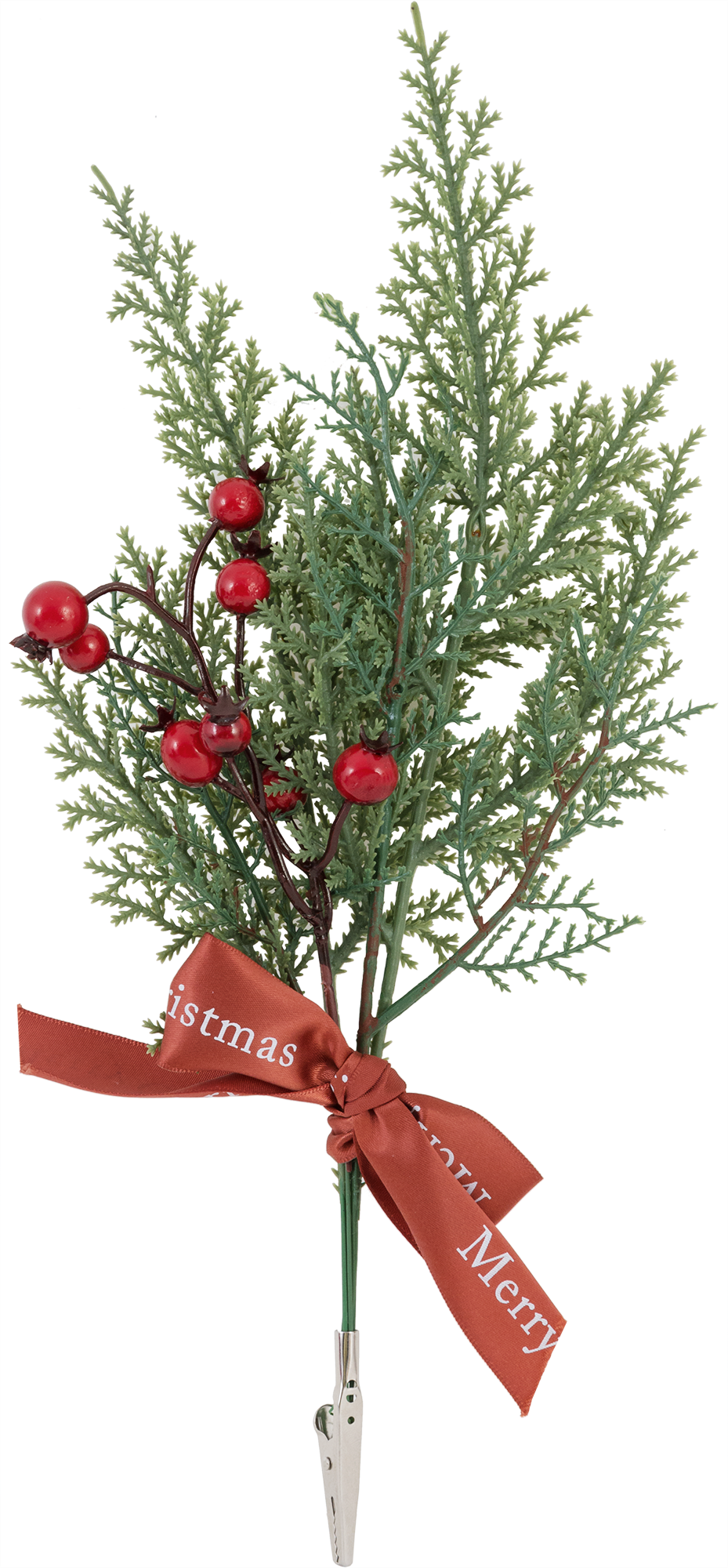 Изображение товара Декоративная ветка на прищепке с ягодами и бантом 33 см для праздника