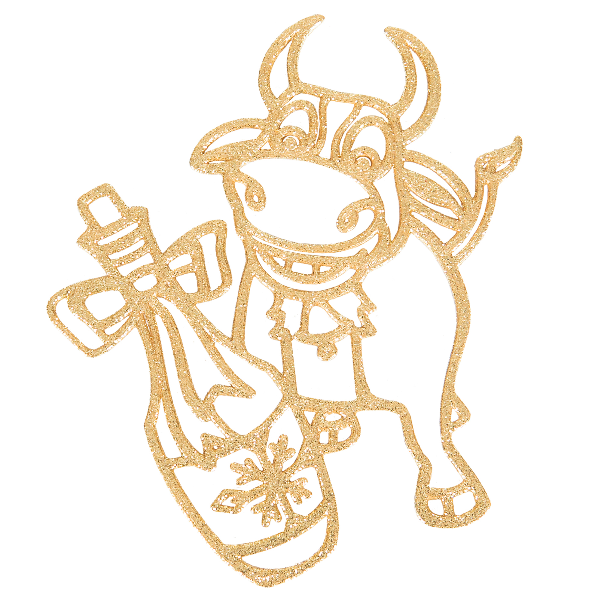 Изображение товара Новогоднее украшение Бычок с бутылкой шампанского пластик золотой 1,2 см