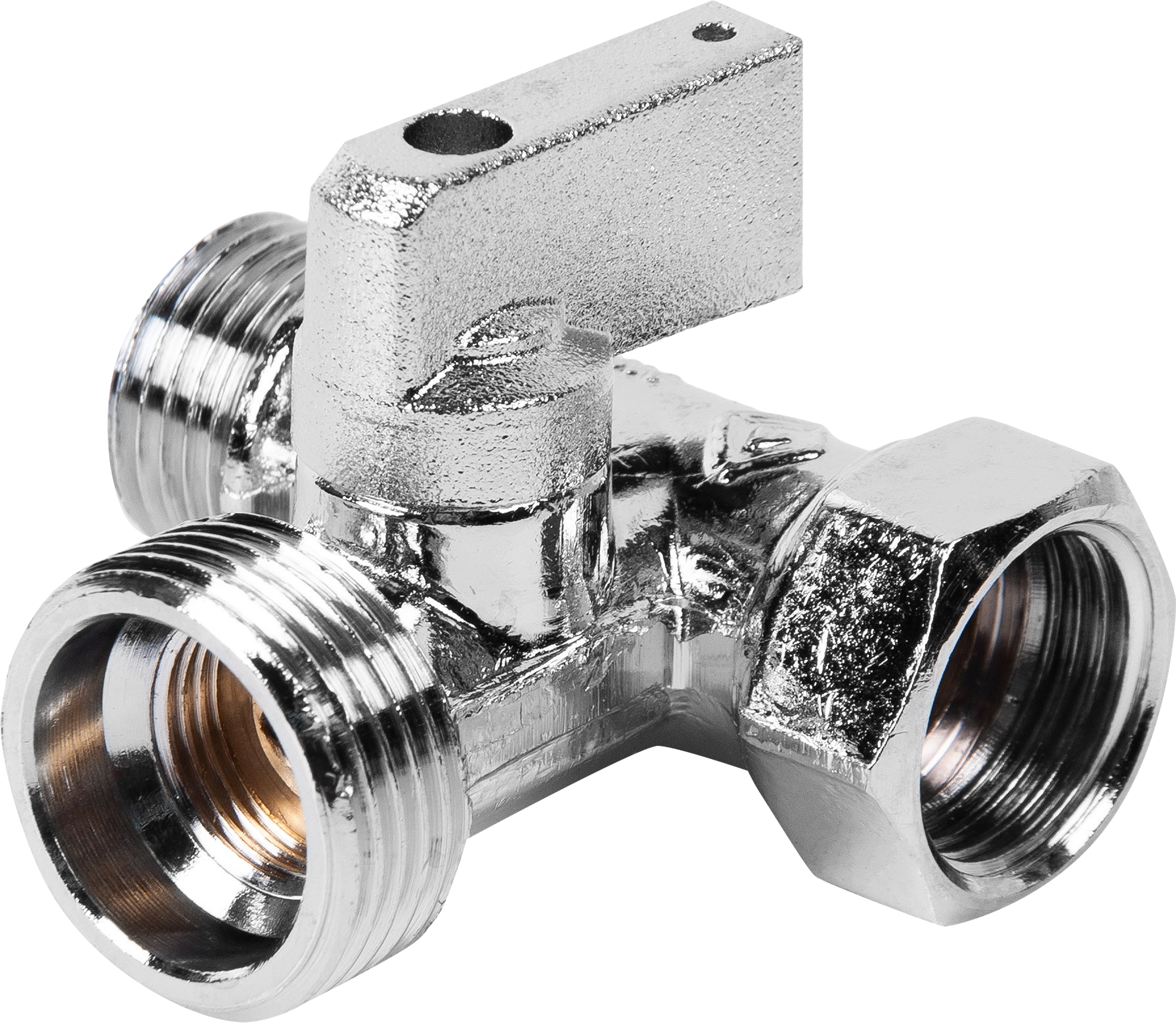Изображение товара Трехходовой кран Bugatti Miami DN15 1/2x3/4x1/2" латунь хром ручка флажок Италия