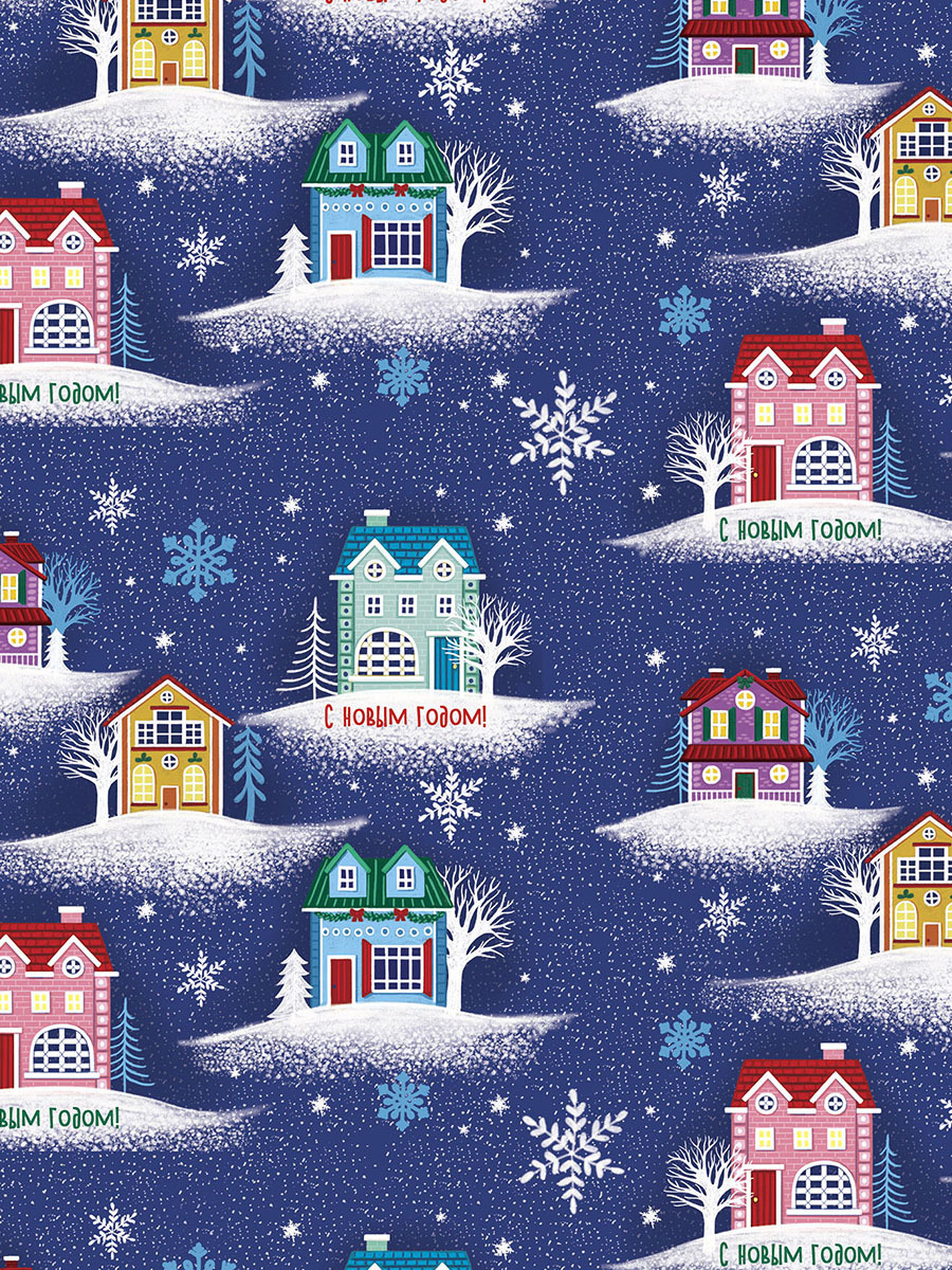 Изображение товара Бумага упаковочная Снежный город 70х100 см синяя праздничная