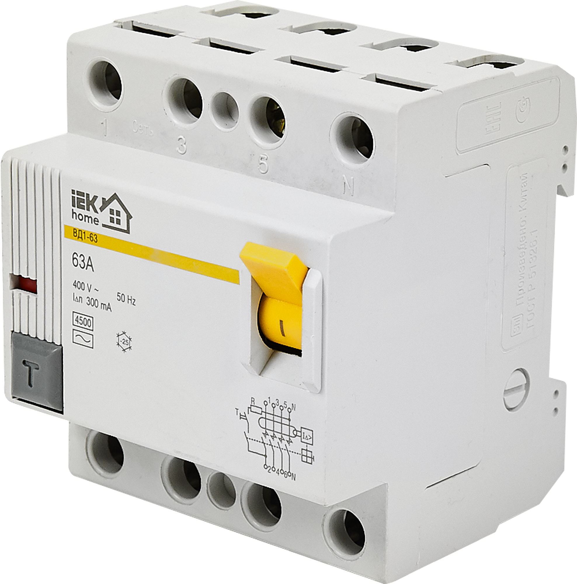 УЗО Iek Home ВД1-63 1P N 63 A 300 мА 4.5 кА AC MDV10-2-063-300