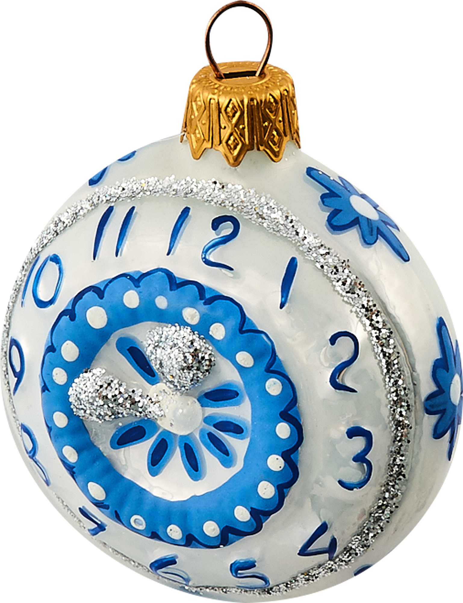 Изображение товара Ёлочное украшение Часы круглые синее из стекла с блёстками 9 см