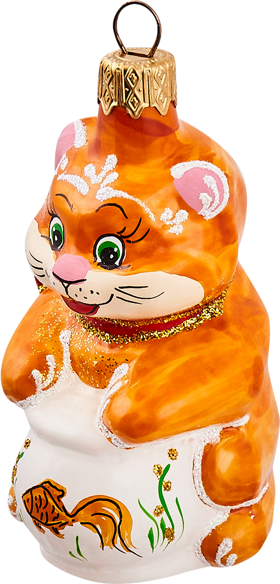 Изображение товара Елочное украшение Кот с аквариумом из стекла с блёстками 5x9 см