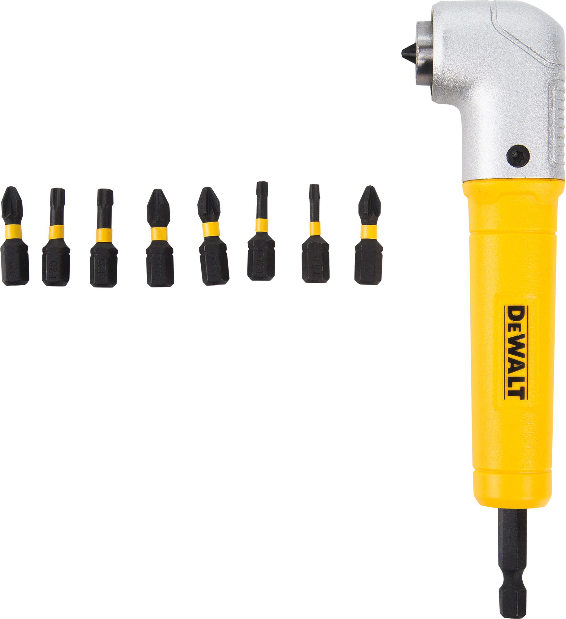 Изображение товара Угловая ударная насадка Dewalt с набором бит 9 шт. для труднодоступных крепежных работ