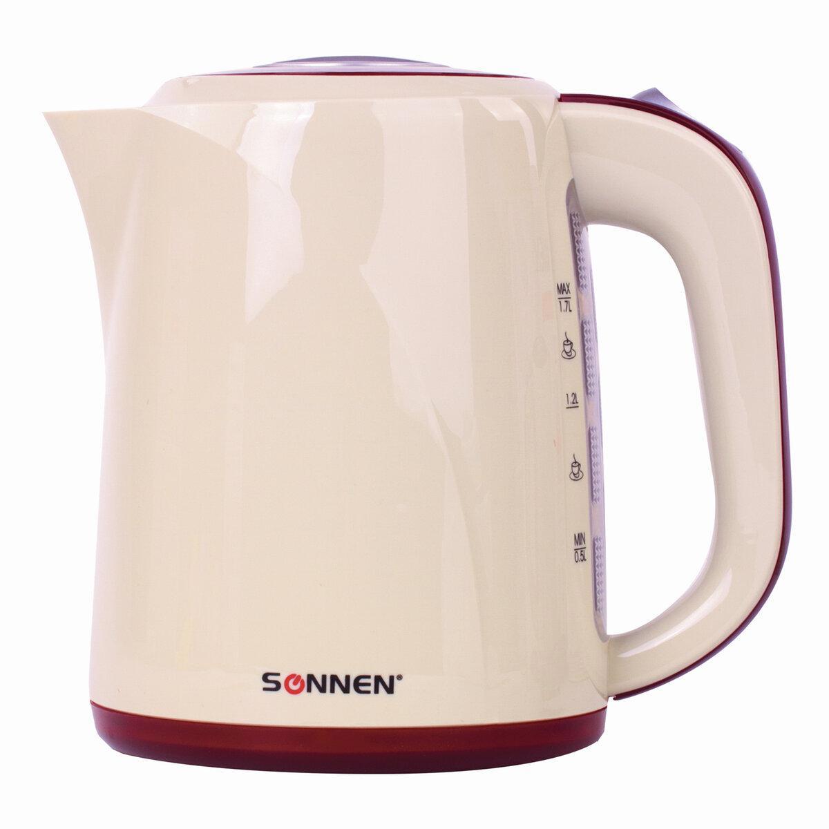 Изображение товара Электрический чайник SONNEN KT-002. 1.7 л, 2200 Вт, закрытый нагревательный элемент, пластик, бежевый/красный, 451711