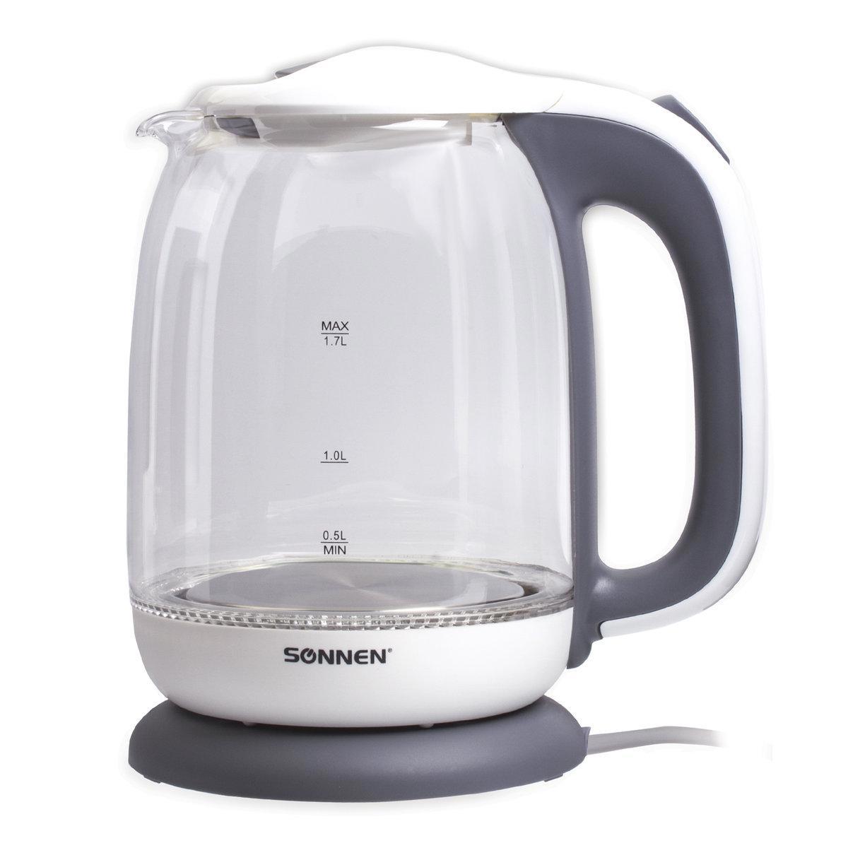 Изображение товара Электрический чайник SONNEN KT-1792. 1.7 л, 2200 Вт, закрытый нагревательный элемент, стекло, белый, подсветка, 454348
