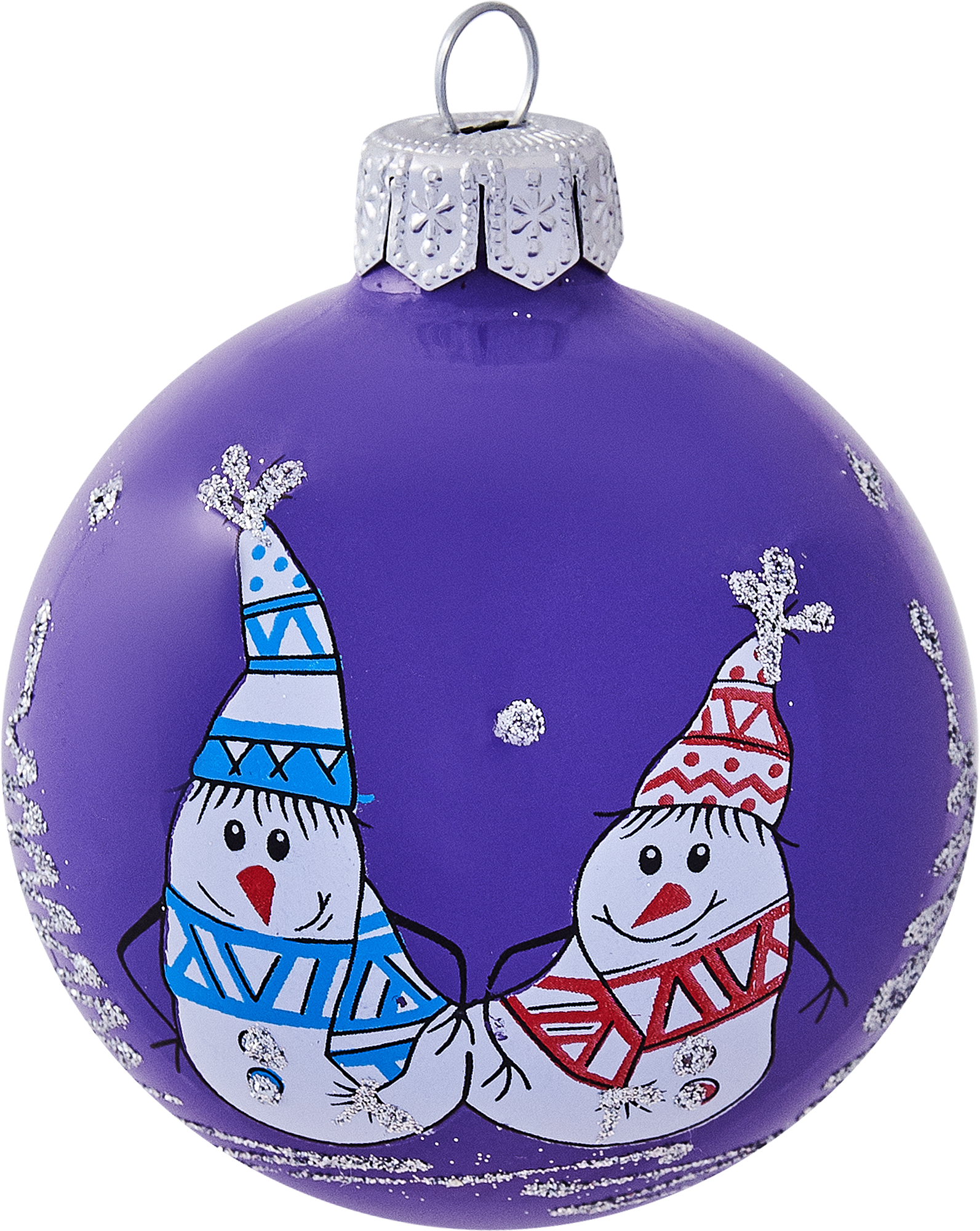 Изображение товара Елочный шар Два снеговичка 65 мм стеклянный с блестками для новогоднего декора