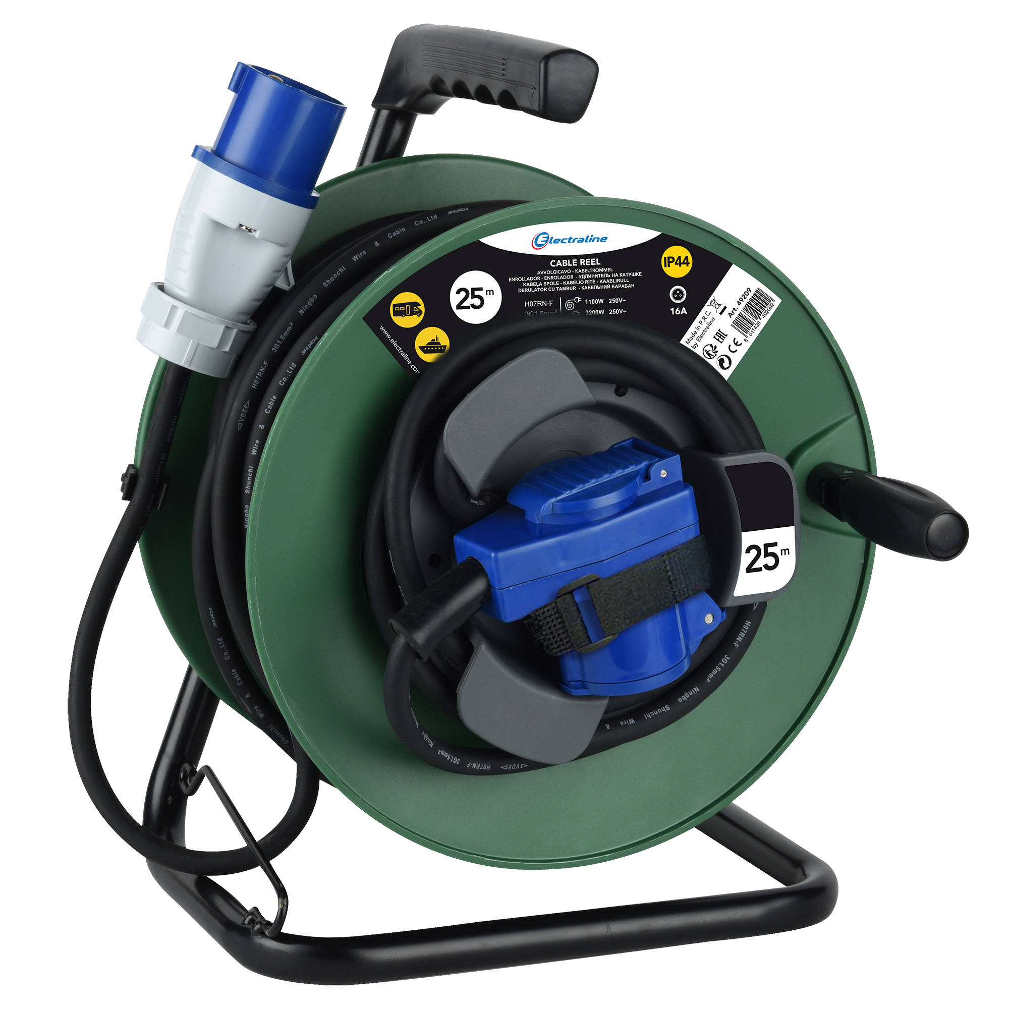 Изображение товара Удлинитель на катушке Electraline 2 розетки с заземлением 25 м IP44 черный