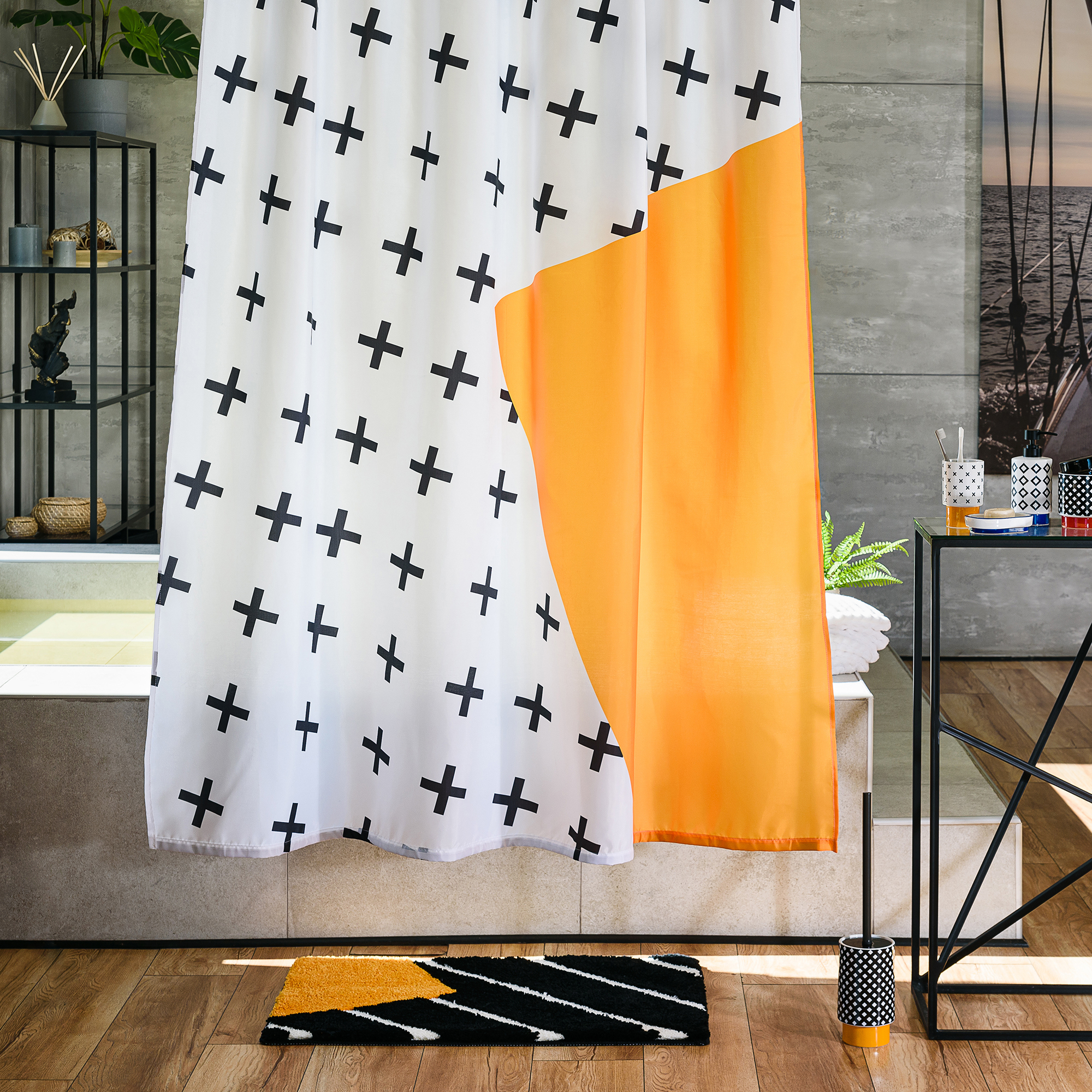 Изображение товара Штора для ванны Moroshka Memphis 180x200 см полиэстер цвет белый/жёлтый