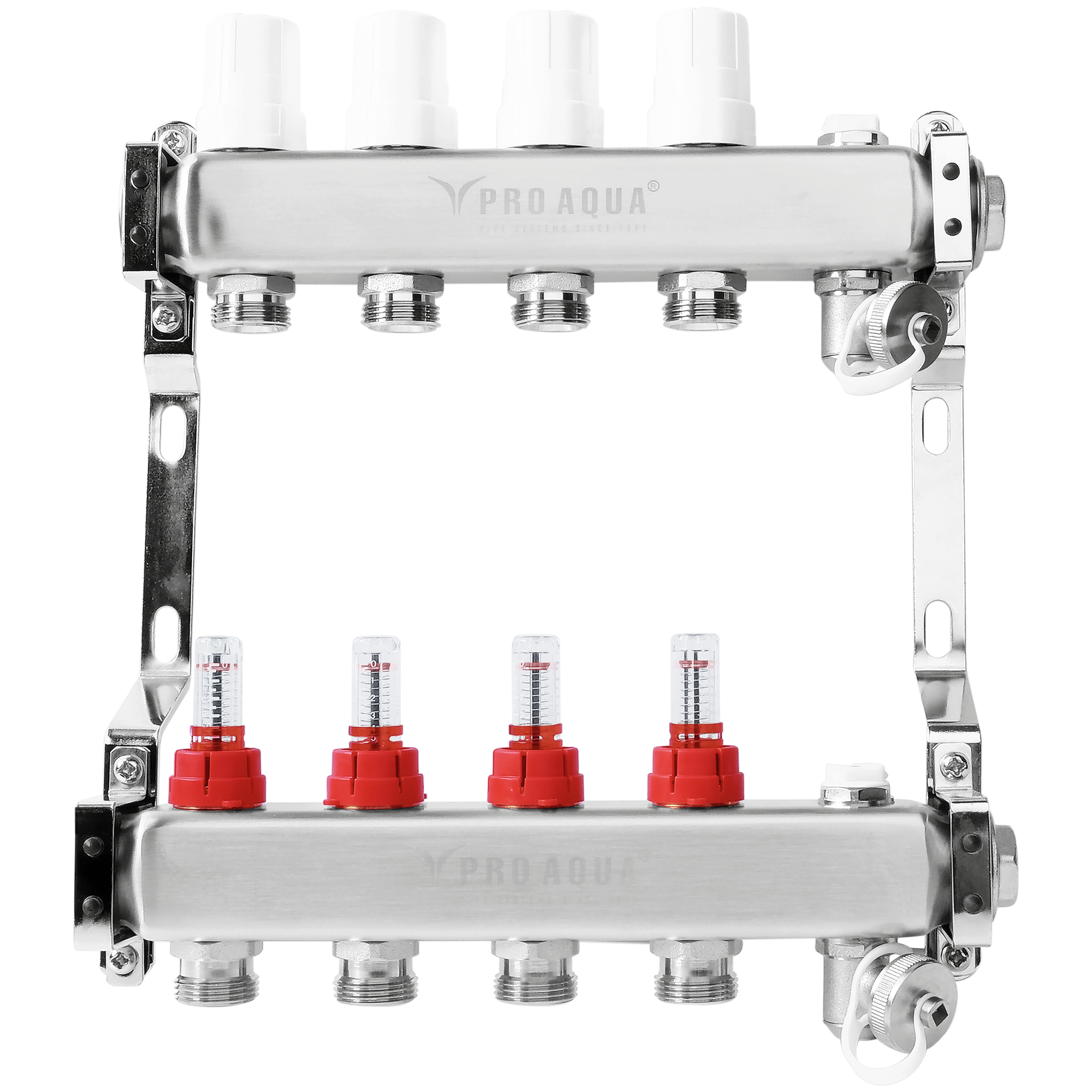 Изображение товара Коллекторная группа с расходомерами PRO AQUA 1x3/4" 4 выхода нержавеющая сталь для теплого пола