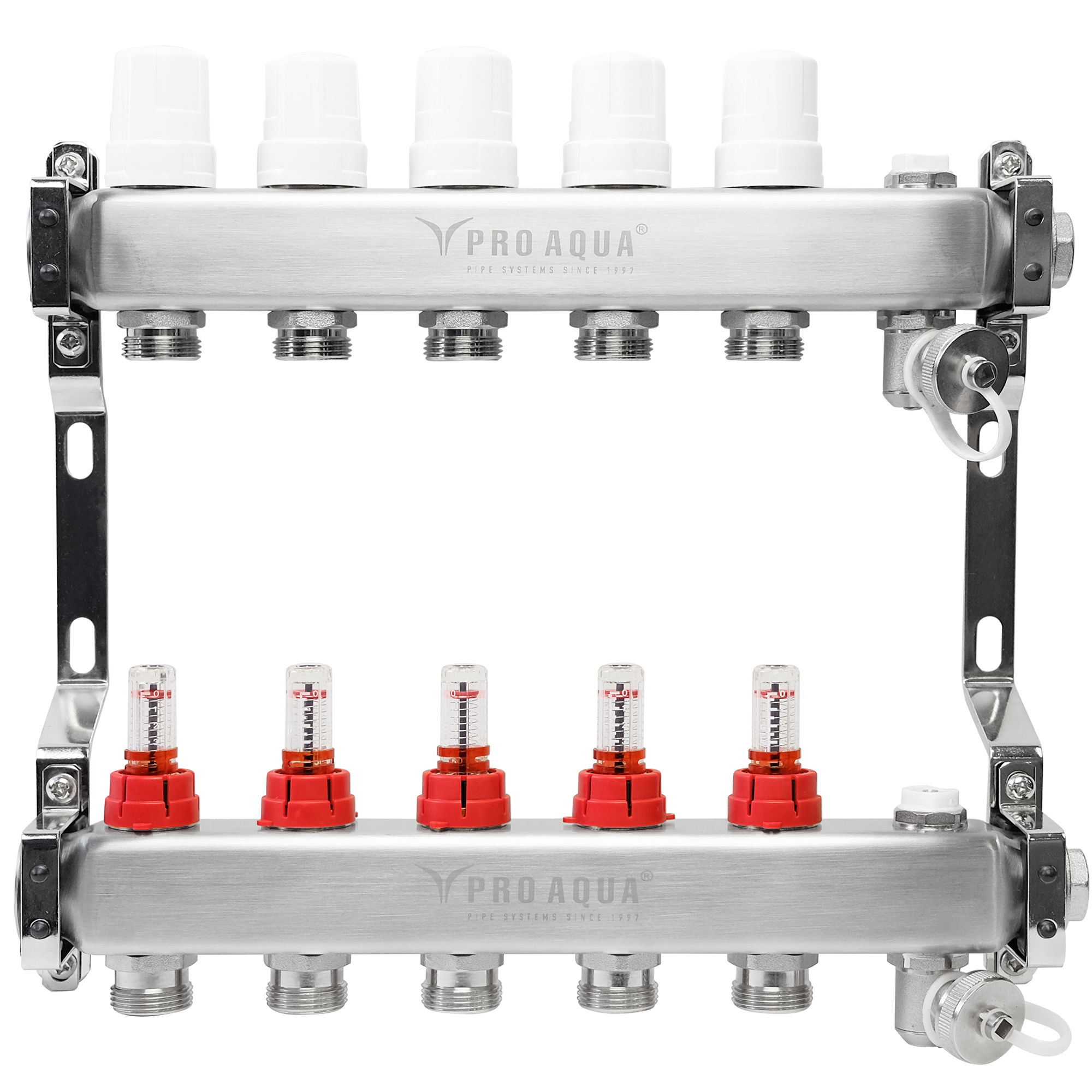 Изображение товара Коллекторная группа с расходомерами PRO AQUA для теплого пола 1x3/4 5 выходов нержавеющая сталь
