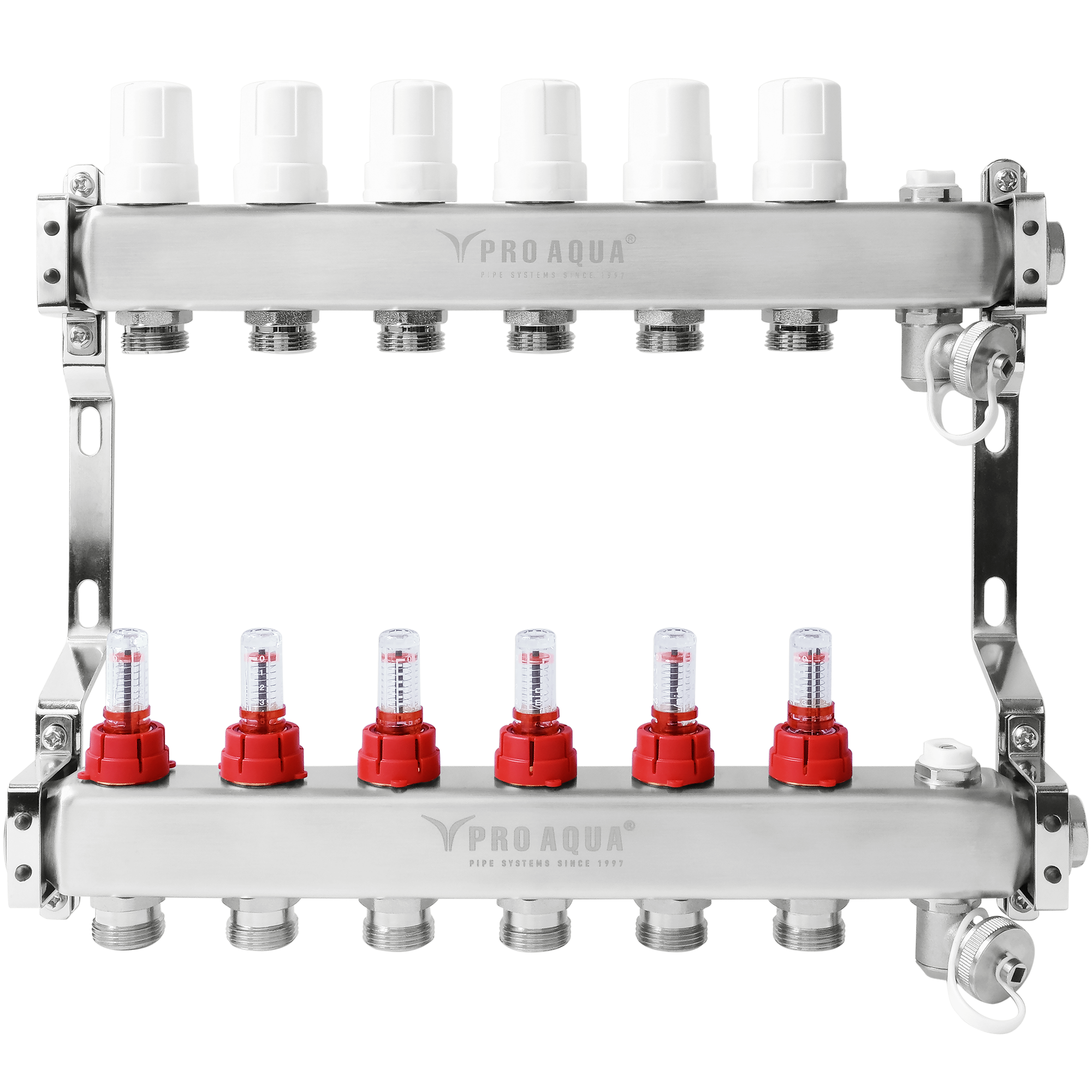 Изображение товара Коллекторная группа с расходомерами для теплого пола PRO AQUA 6-отводов 1x3/4" нержавейка Россия