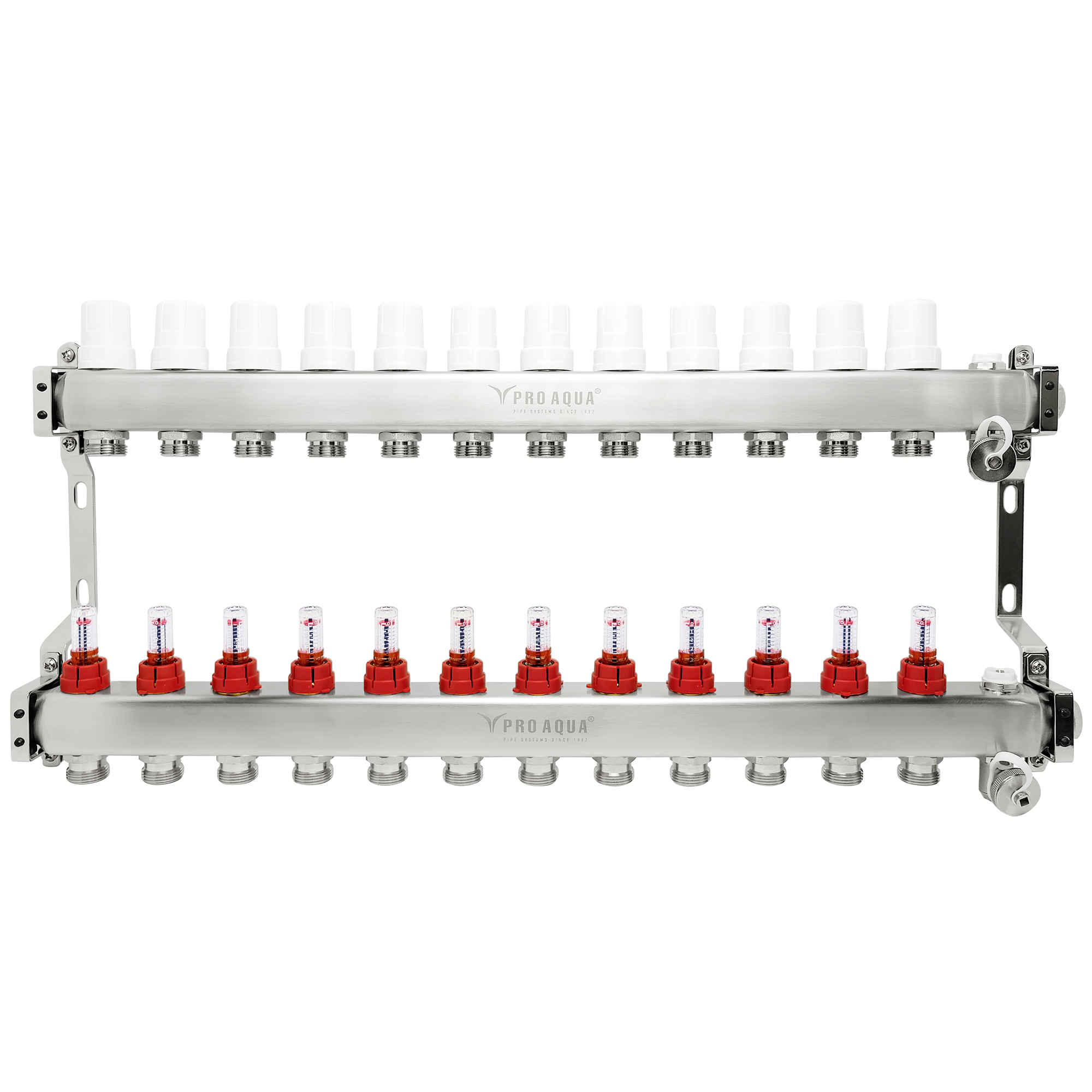Изображение товара Коллекторная группа с расходомерами и воздухоотводчиками PRO AQUA 12 выходов нержавеющая сталь
