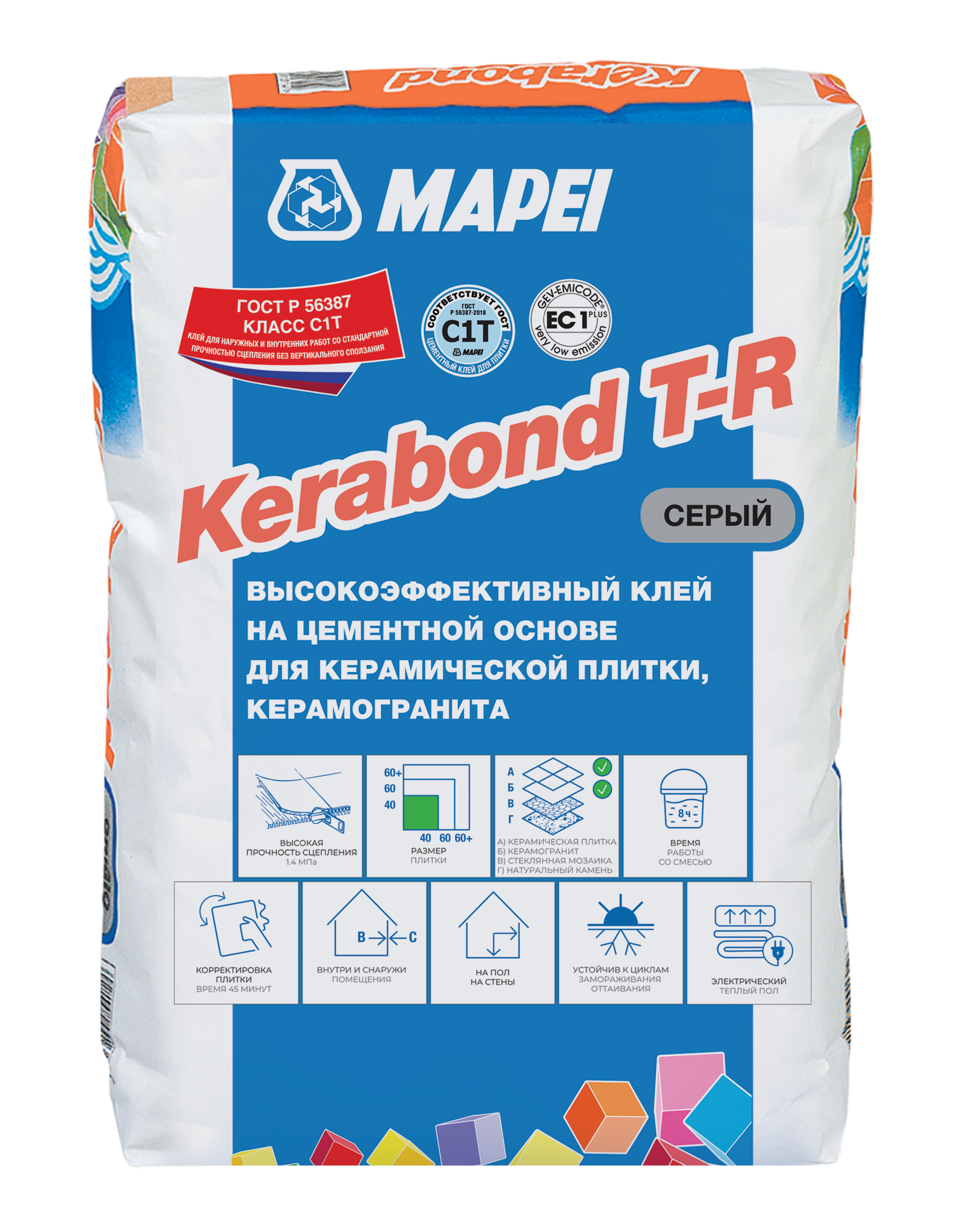 Изображение товара Клей для плитки Mapei Kerabond T-R 25 кг - влагостойкий цементный клей для внутренней и наружной ук