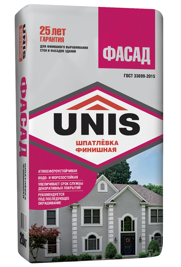 Изображение товара Шпатлевка цементная финишная Unis Фасад 20кг Изображение товара Шпатлевка цементная финишная Unis Фасад 20кг