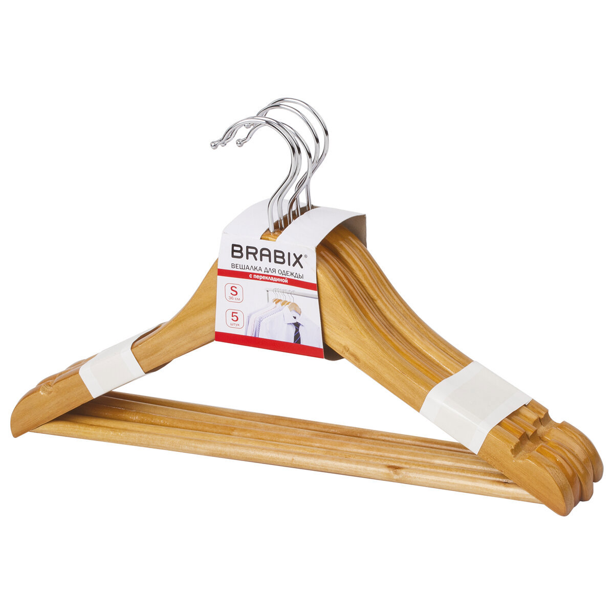 Изображение товара Набор вешалок Brabix Стандарт 5 шт для одежды, дерево, лакированный, Китай