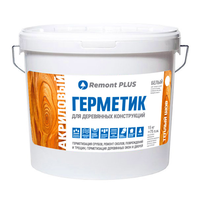 Изображение товара Герметик акриловый Remont PLUS для деревянных конструкций 10 л белый