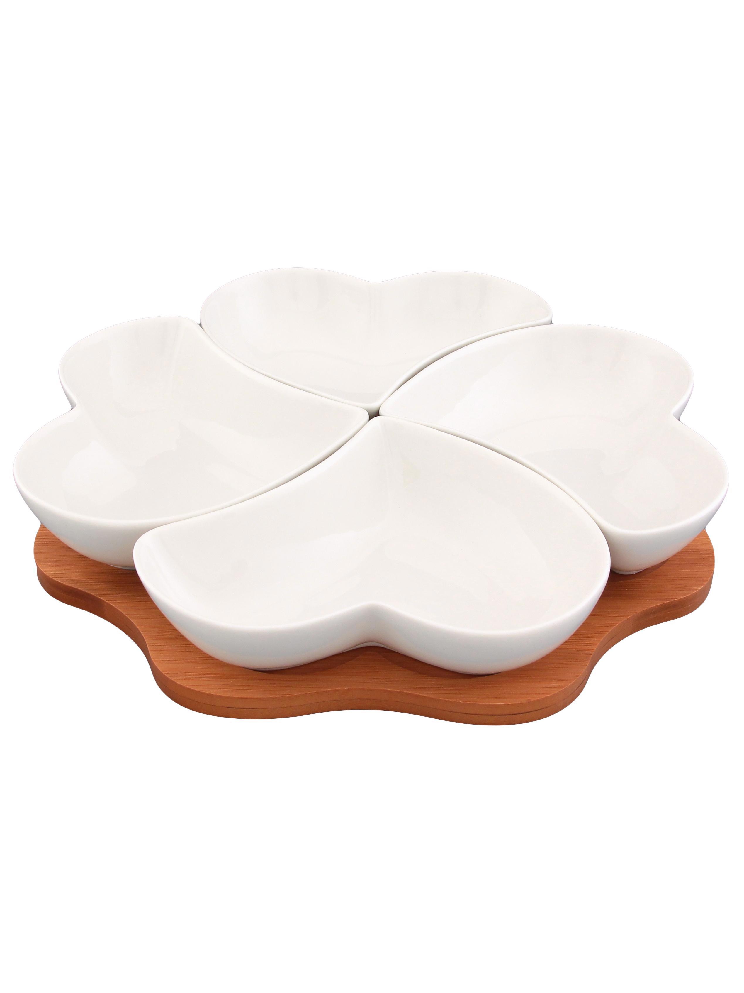 Изображение товара Менажница Сердце ELAN GALLERY из фарфора с бамбуковой подставкой 30 см