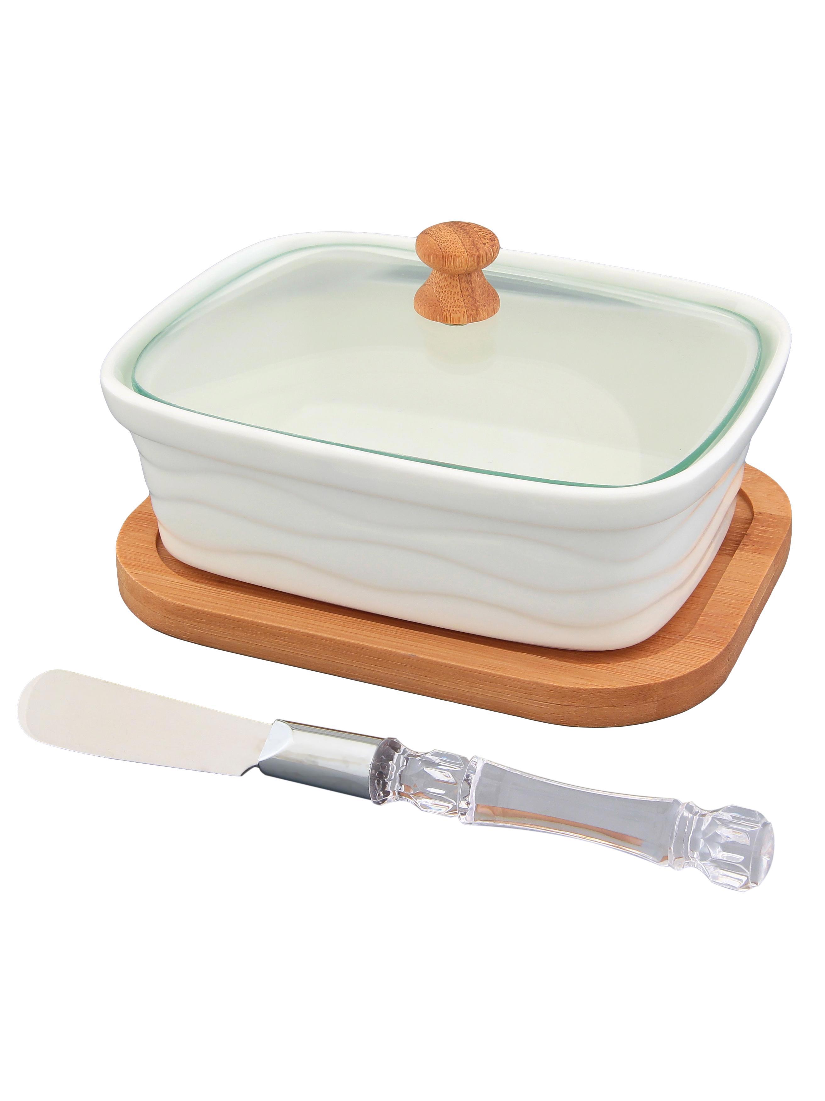 Изображение товара Паштетница Elan Gallery Арабеска волны из фарфора с деревянной подставкой 330 мл