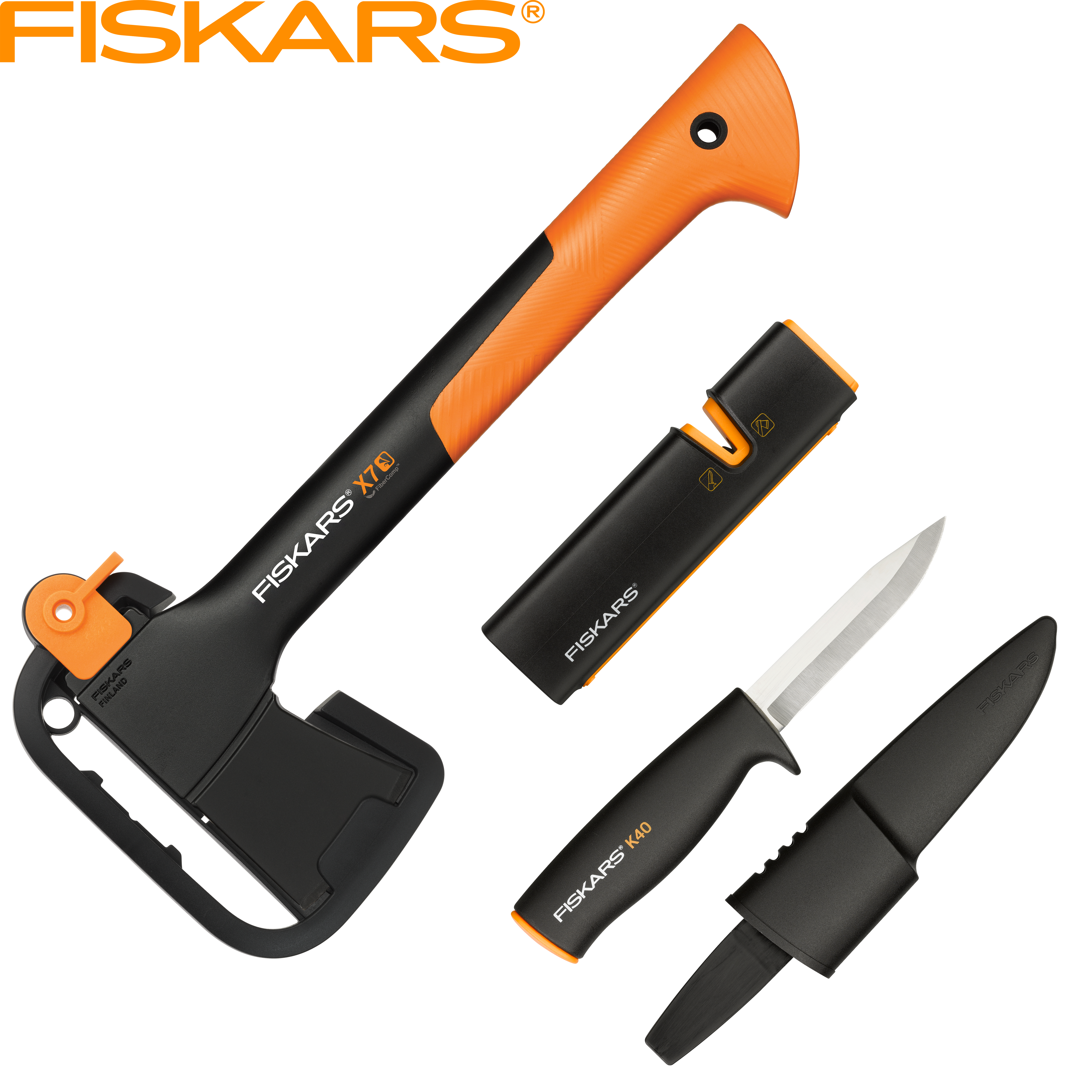 Изображение товара Набор Fiskars топор Х7, точилка, нож Изображение товара Набор Fiskars топор Х7, точилка, нож