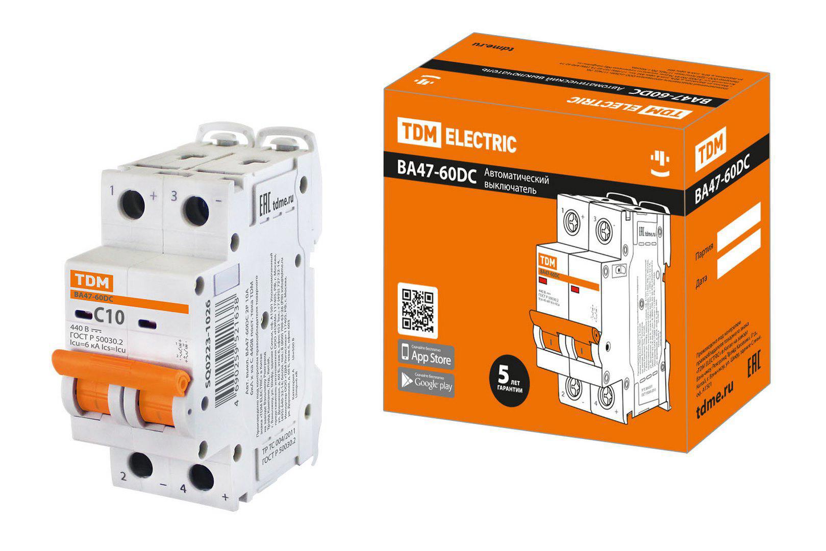 Изображение товара Автоматический выключатель Tdm Electric ВА47-60DC 2P C10 А 6 кА SQ0223-1026