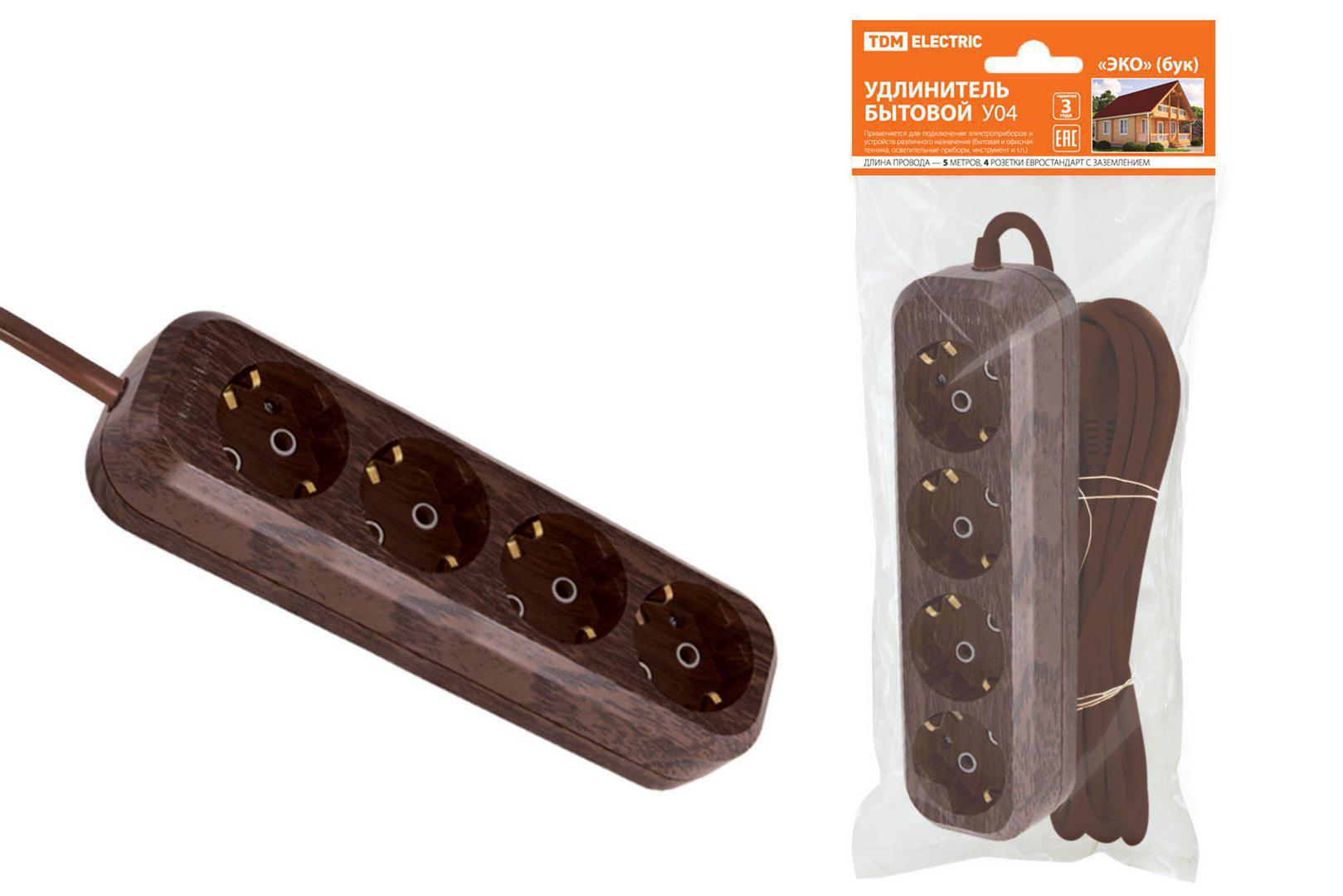 Изображение товара Удлинитель бытовой TDM Electric SQ1303-3012 4 розетки с заземлением 3x1 мм 5 м цвет дуб