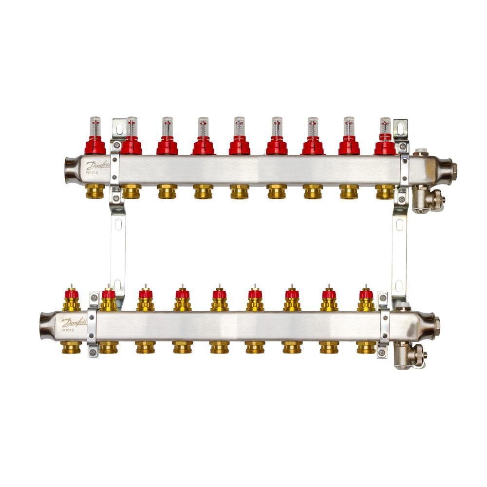 Изображение товара Комплект коллекторов Danfoss SSM-9F с расходомерами и кронштейнами 9 контуров для систем отопления