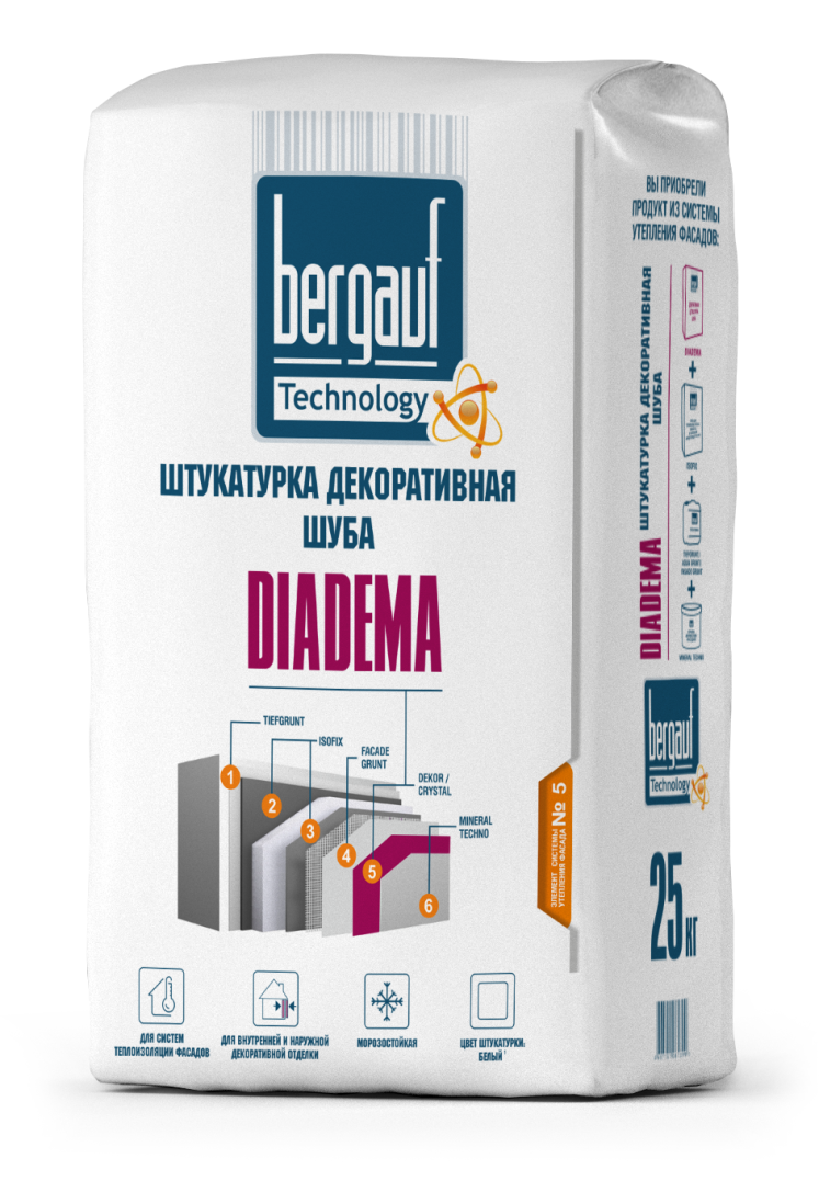 Изображение товара Декоративная штукатурка Bergauf Diadema шуба 2.5 мм для фасадов и стен Изображение товара Декоративная штукатурка Bergauf Diadema шуба 2.5 мм для фасадов и стен