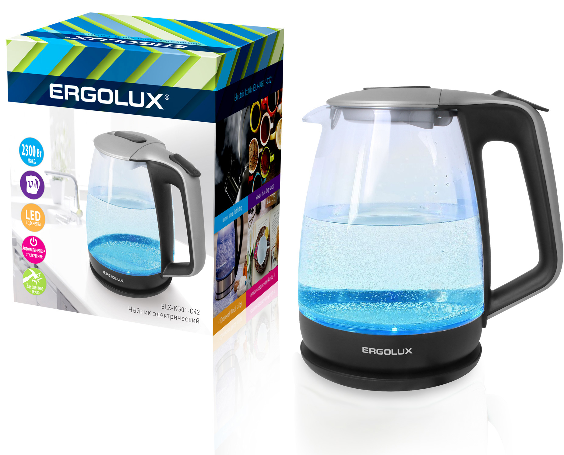 Изображение товара Чайник электрический ERGOLUX 13117, стекло, цвет серебристый