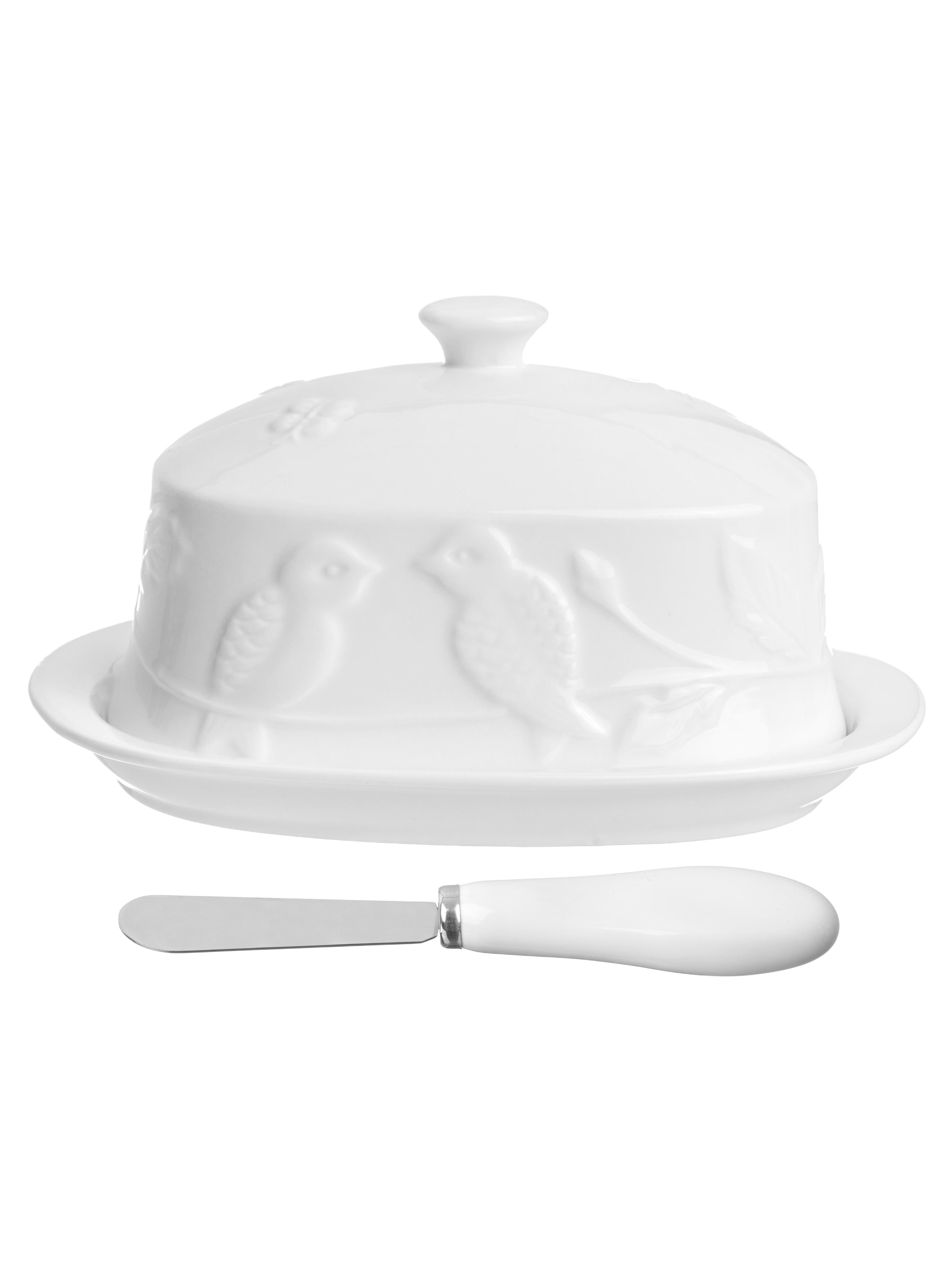 Изображение товара Масленка из фарфора ELAN GALLERY 540239 с крышкой и ножом, серия Птички на ветке