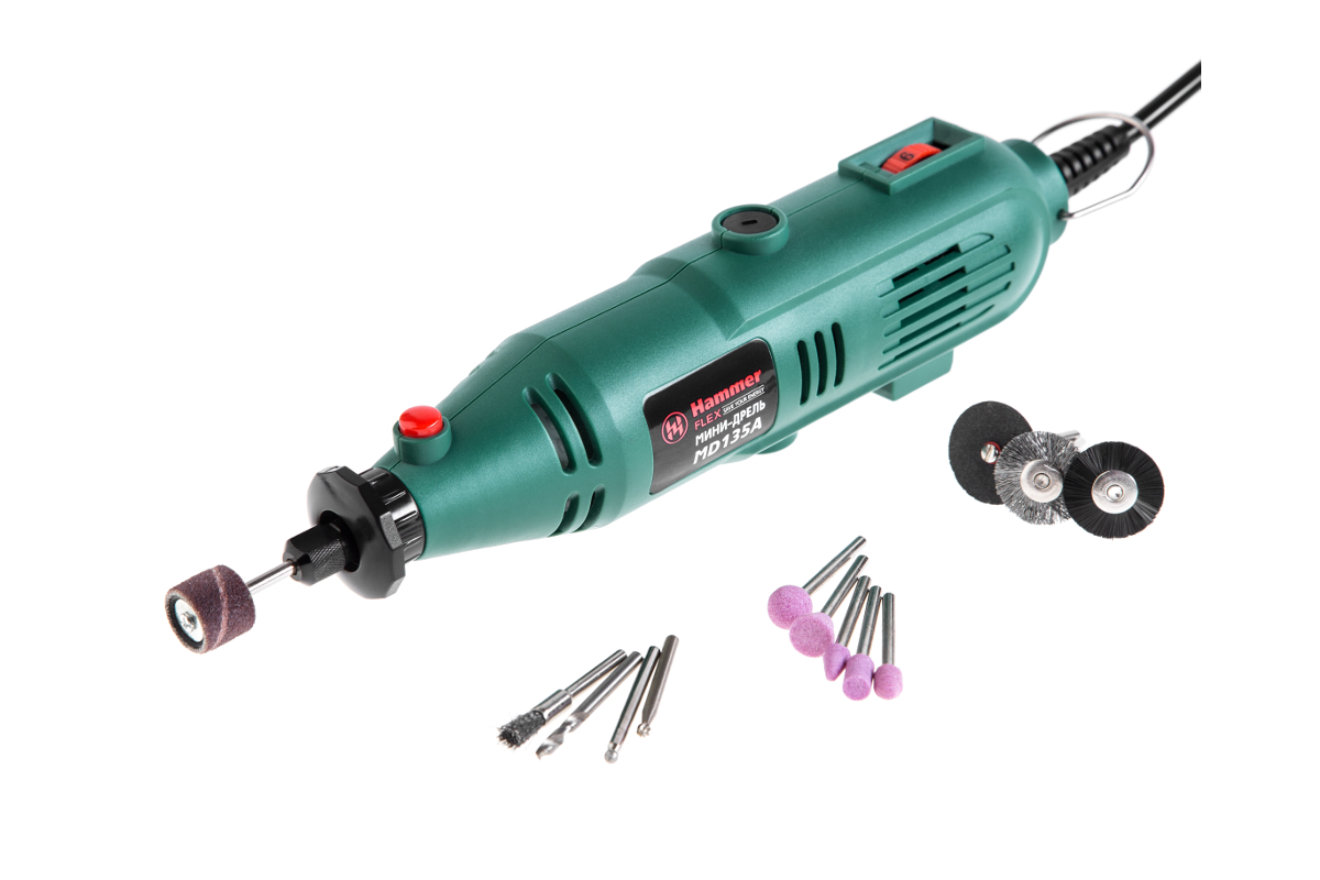 Изображение товара Гравер сетевой Hammer Flex MD135A 135Вт, гибкий вал 2.4-3.2мм 10000-32000 об/мин кейс + насадки 41шт.