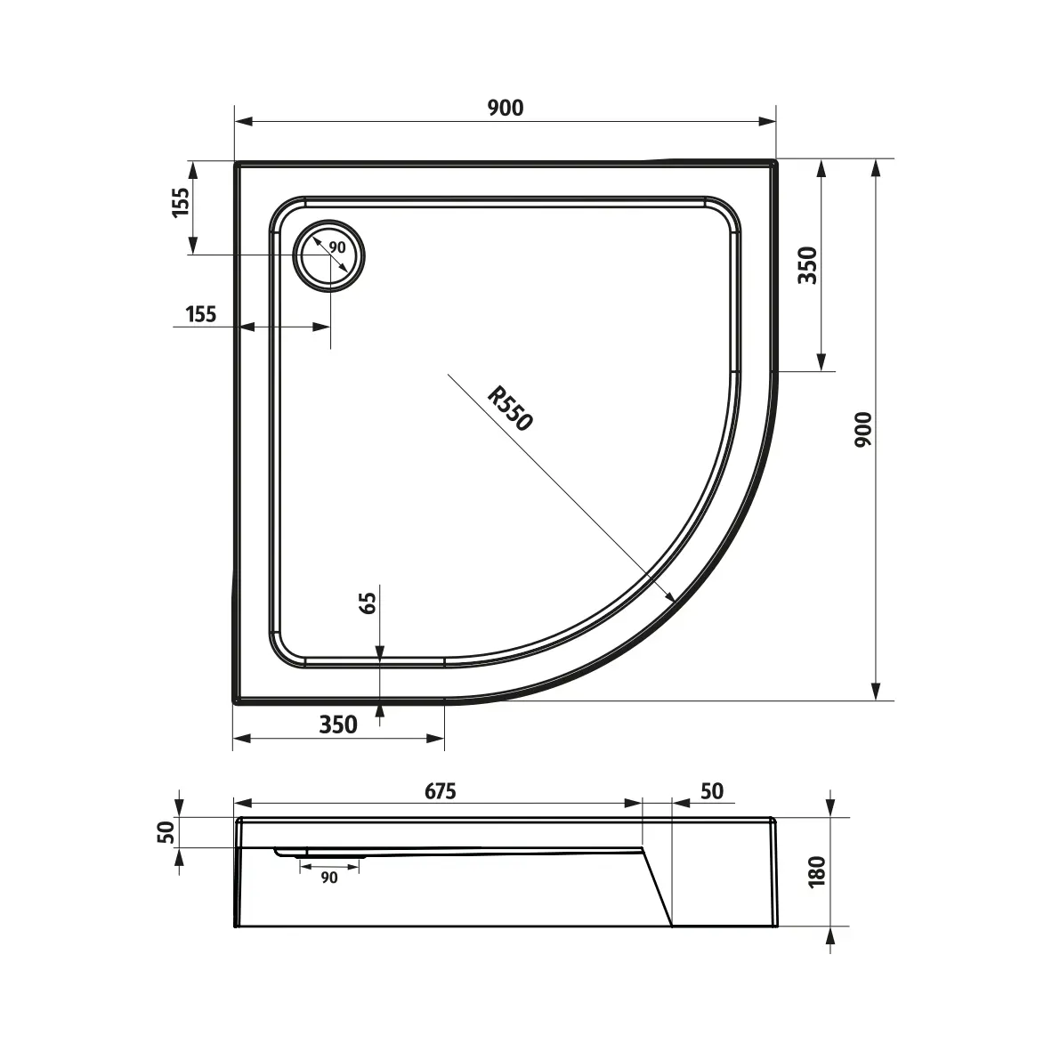 Душевой поддон Sensea Basic акрил 90x90 см 1/4 круга - 6