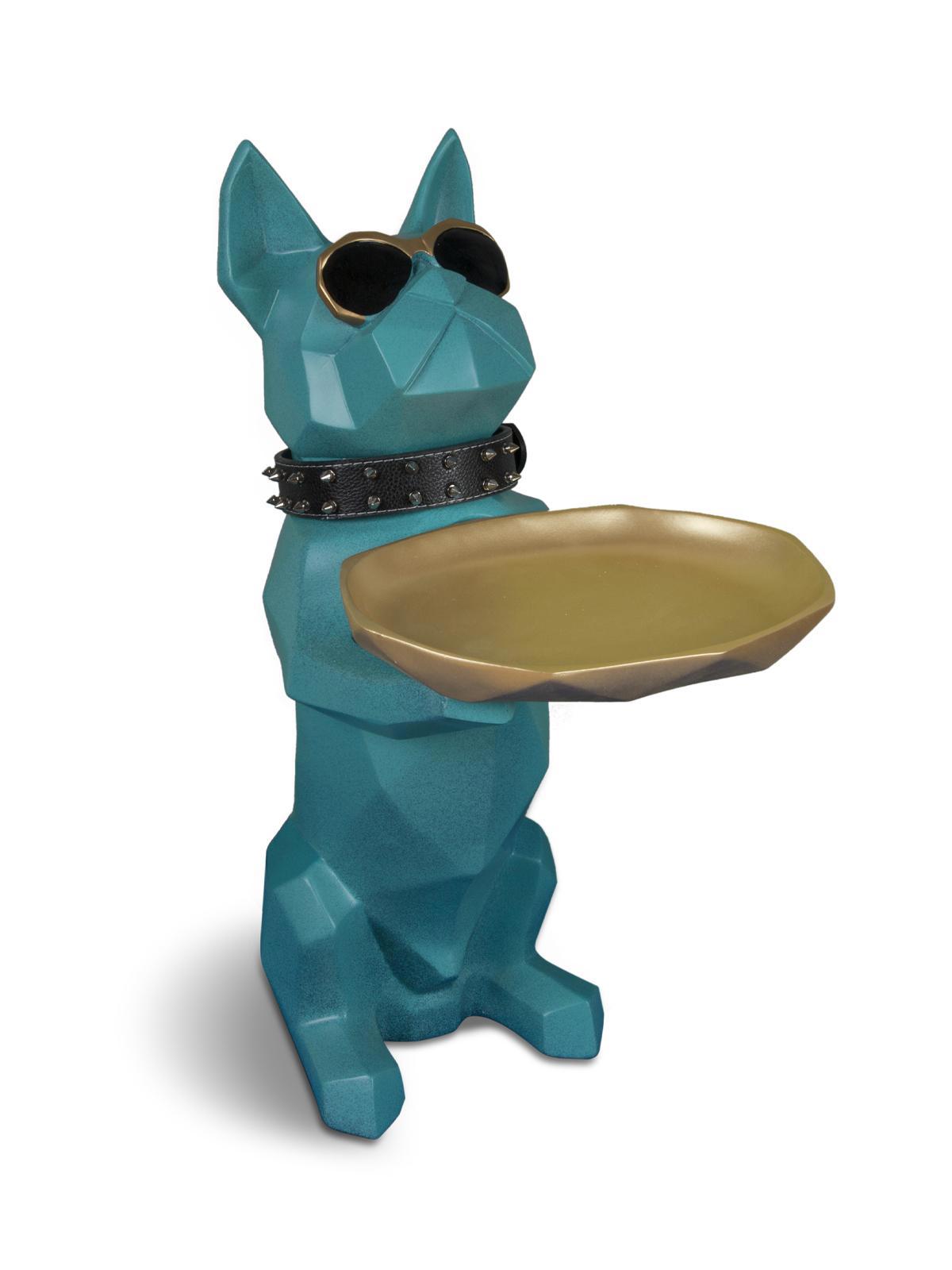 Изображение товара Большая бирюзовая статуэтка бульдог с подносом, полистоун