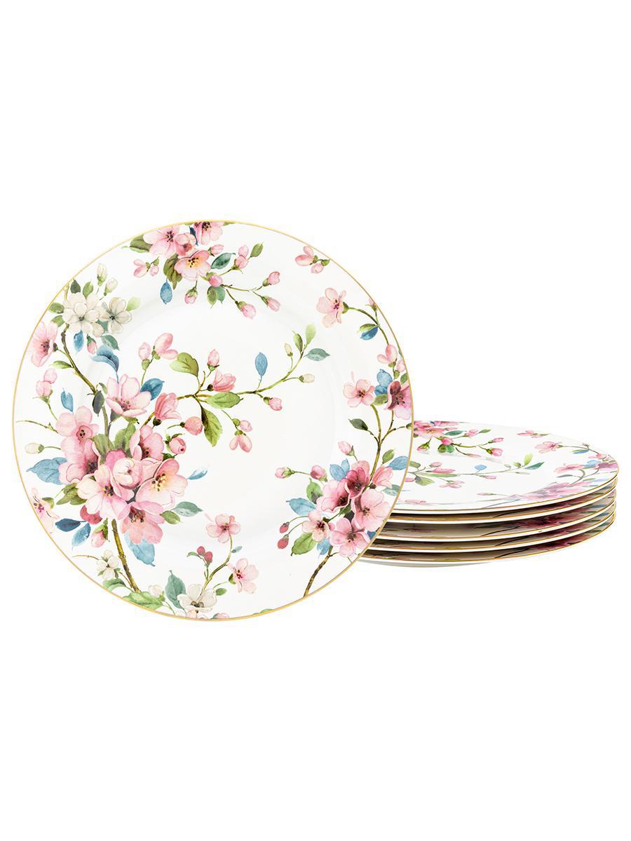 Изображение товара Набор 6 тарелок ELAN GALLERY Яблоневый цвет 26 см фарфор с золотым окаймлением