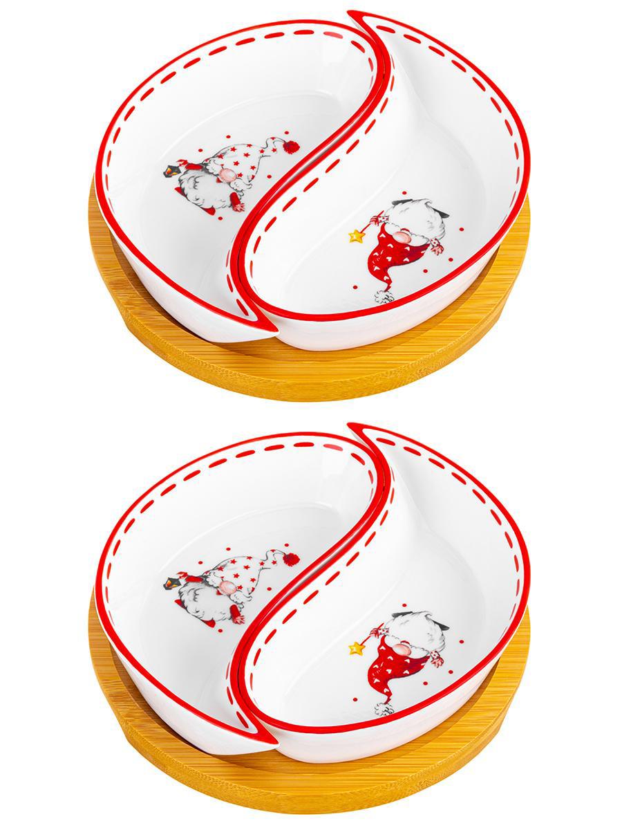 Изображение товара Тарелка под оливки Elan Gallery "Весёлые гномики" на деревянной подставке 15x15x3.5 см 100 мл 2 шт