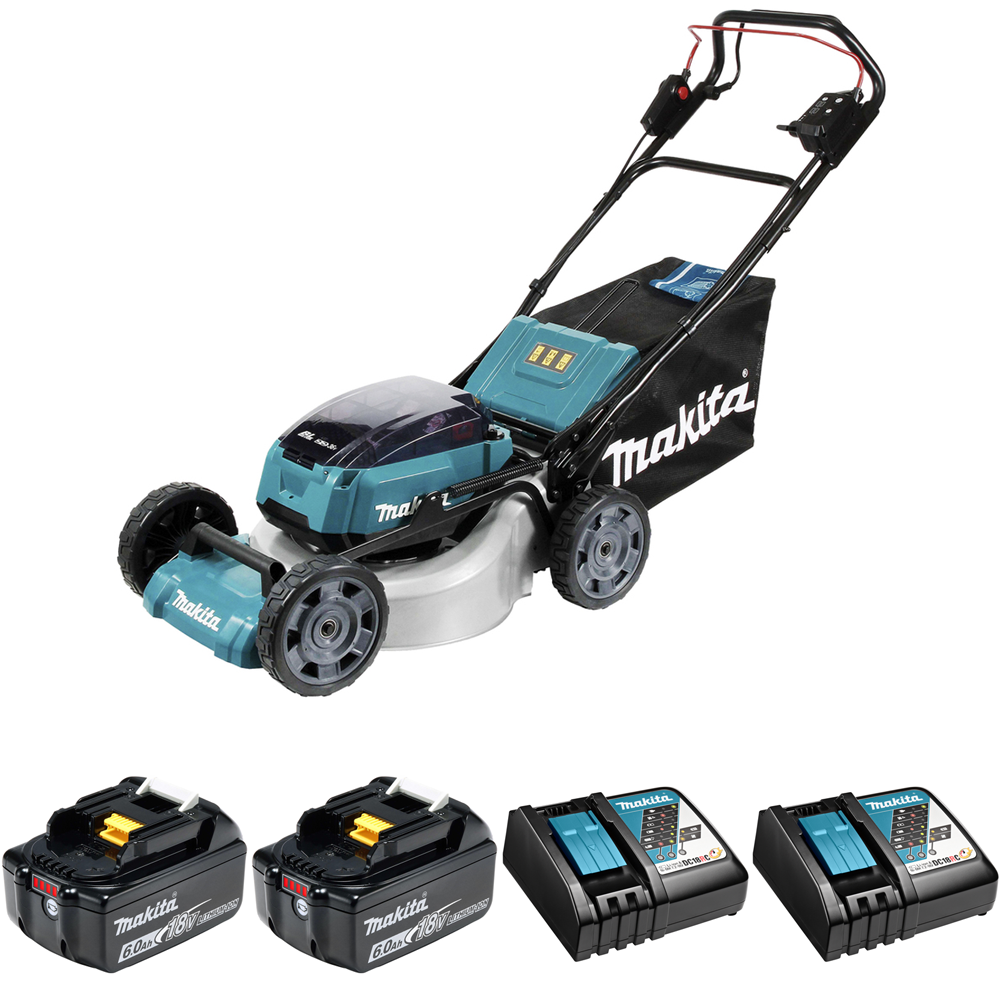 Изображение товара Аккумуляторная газонокосилка Makita DLM462R2G2 36В, 46 см, с функцией мульчирования и регулировкой 