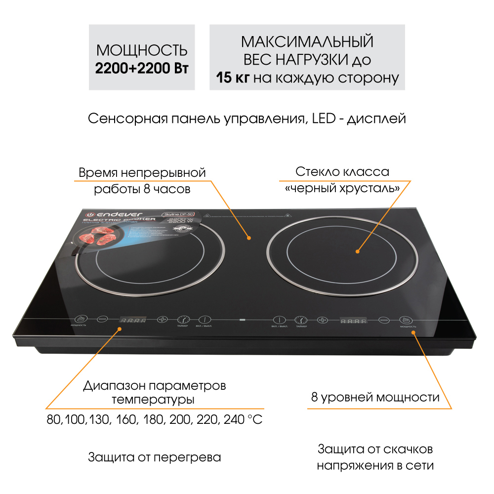 Изображение товара Индукционная настольная плита Endever 80718 2 конфорки черный хрусталь