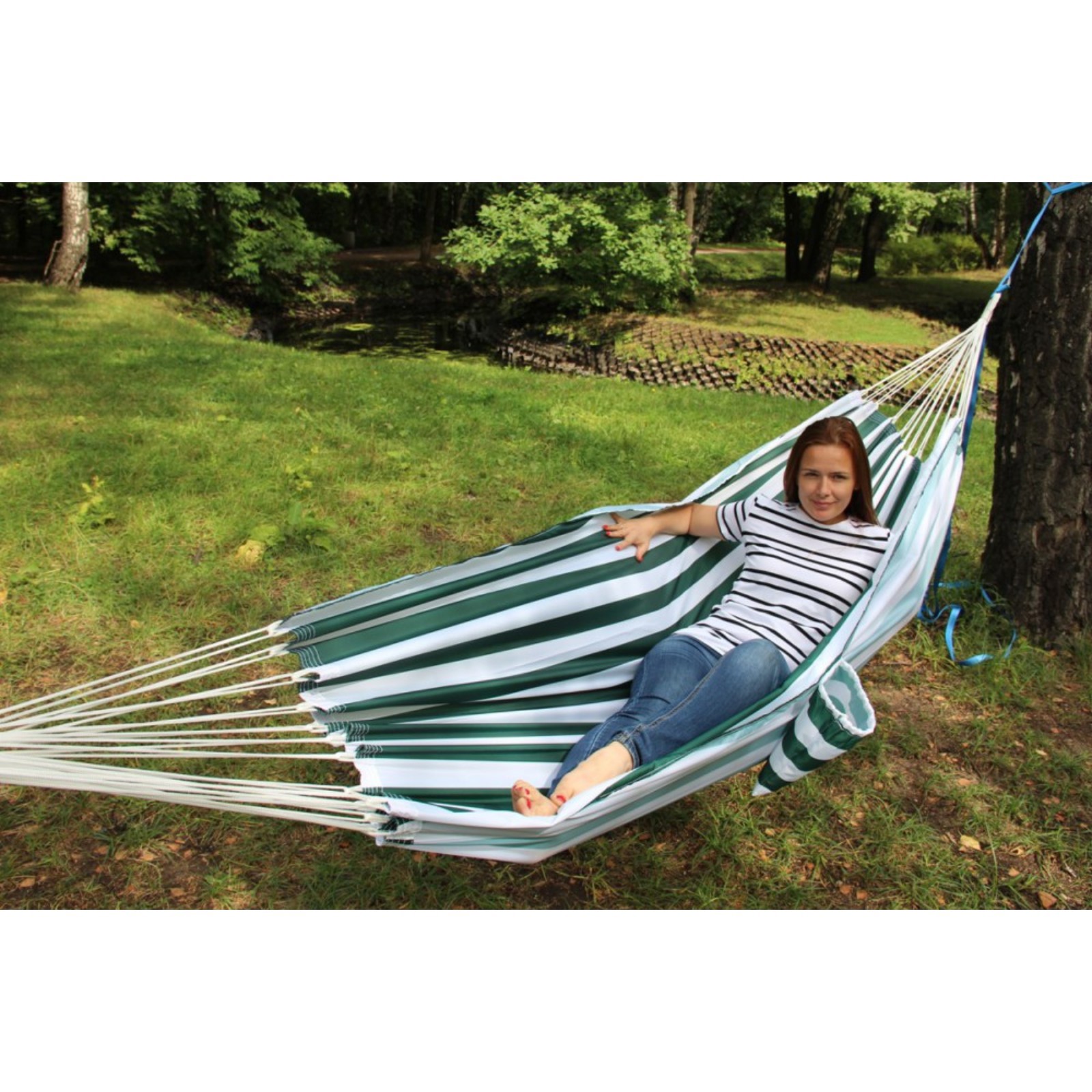 Изображение товара Гамак зеленая полоска RG-13 для отдыха и сна на улице натуральные материалы