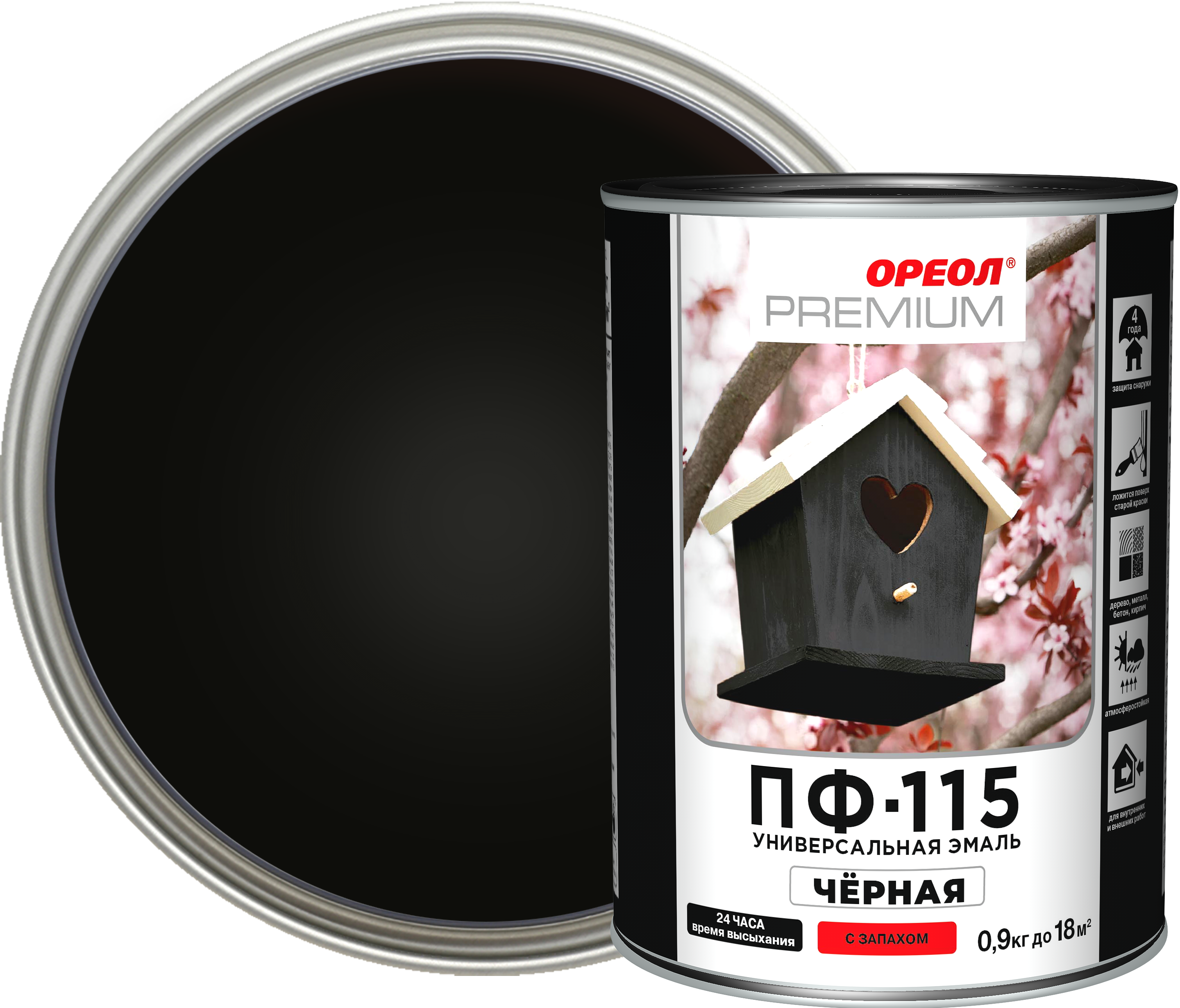 Изображение товара Эмаль на алкидной основе Ореол Premium ПФ-115 глянцевая черная Изображение товара Эмаль на алкидной основе Ореол Premium ПФ-115 глянцевая черная