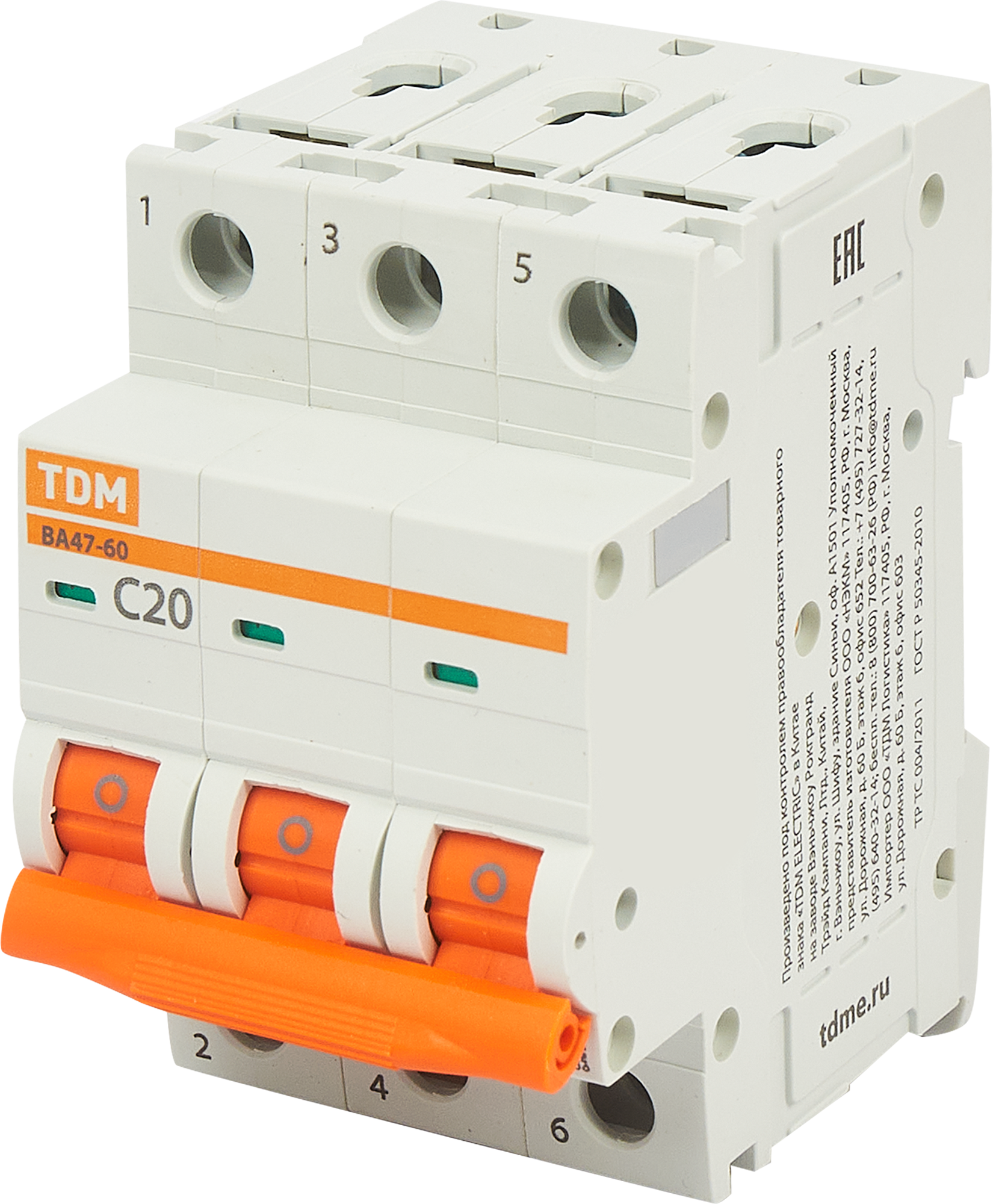 Изображение товара Автоматический выключатель TDM Electric ВА47-60 3P C20 А 6 кА SQ0223-0110
