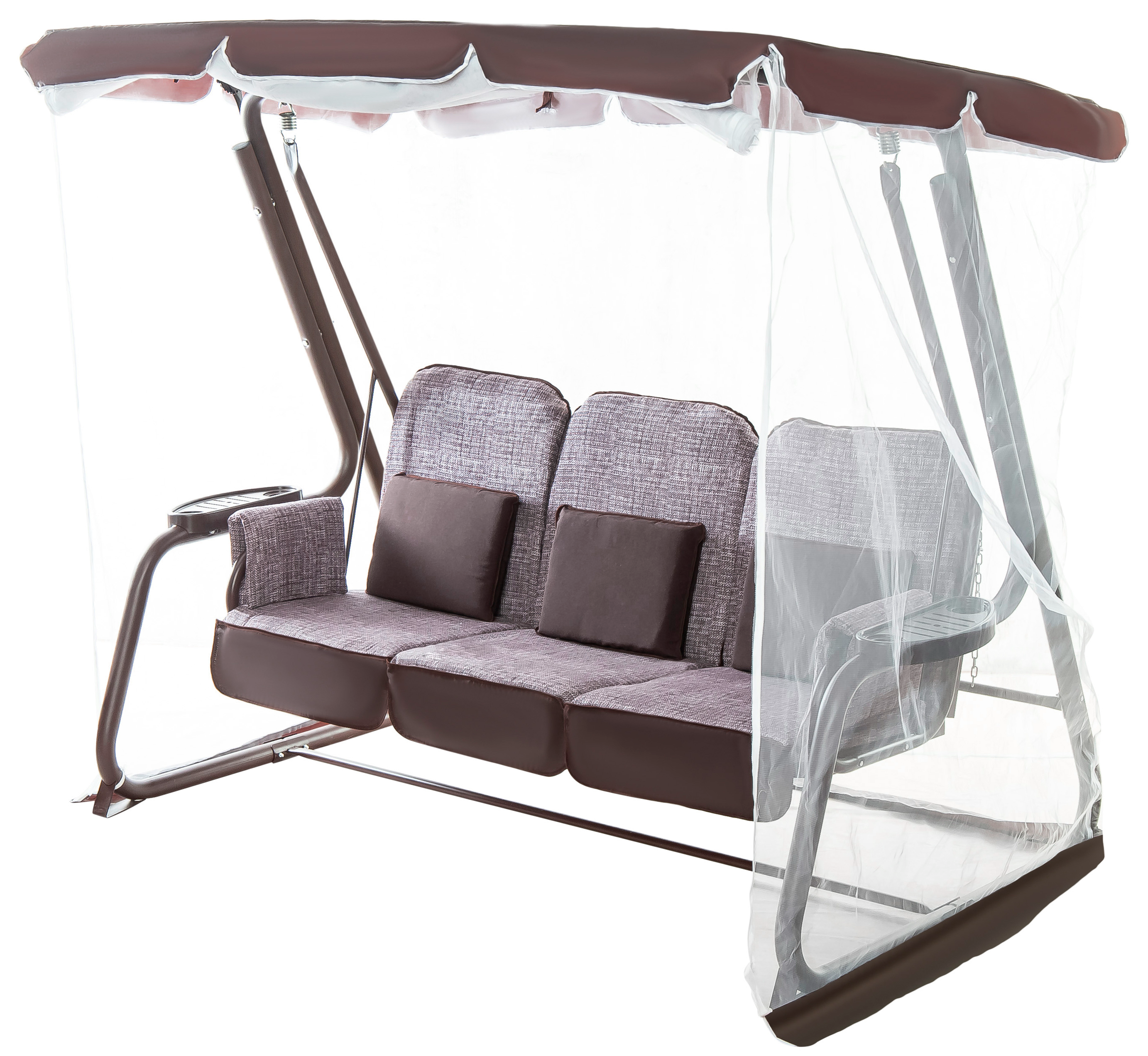 Изображение товара Качели садовые Октавия 3 местных с тентом и подушками коричневые
